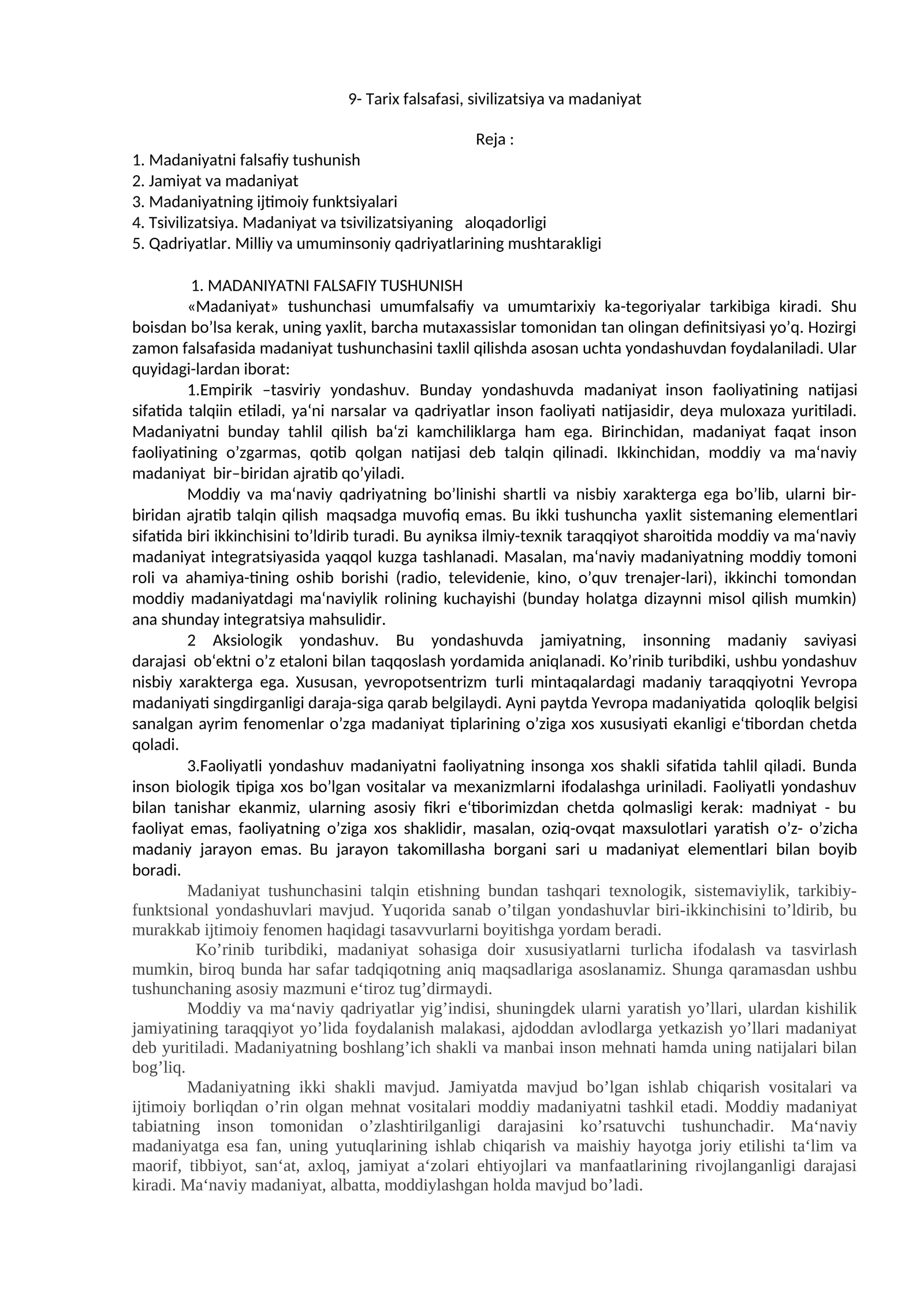 Tarix falsafasi, sivilizatsiya va madaniyat