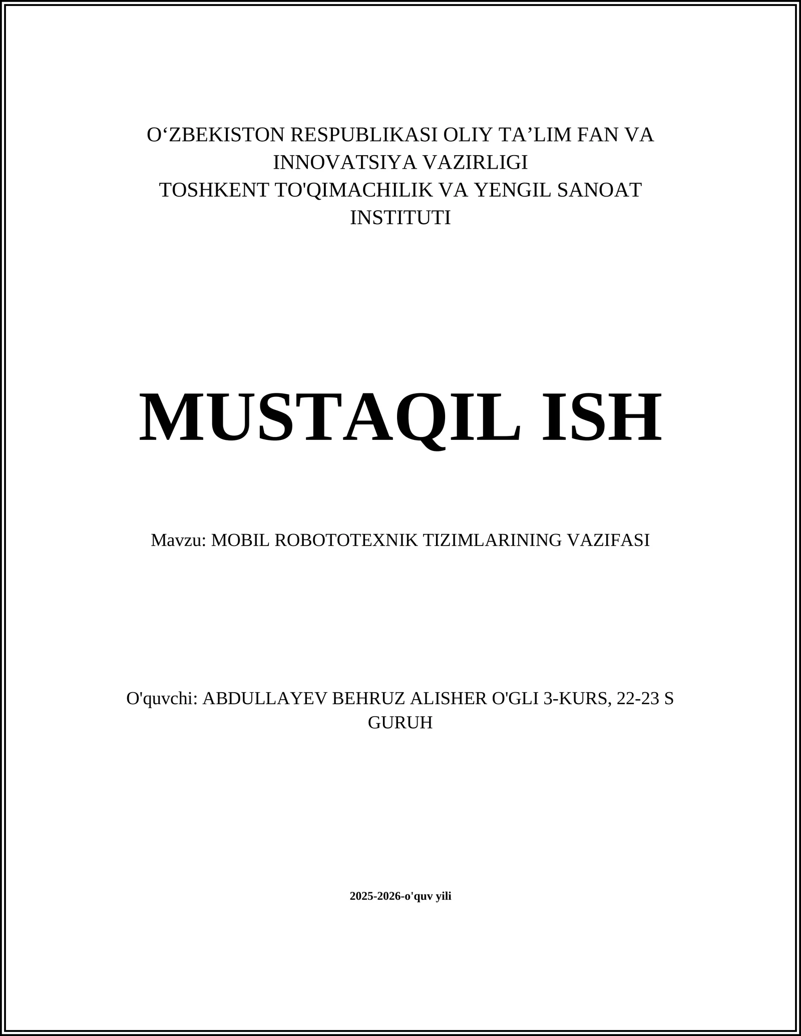 MOBIL ROBOTOTEXNIK TIZIMLARINING VAZIFASI