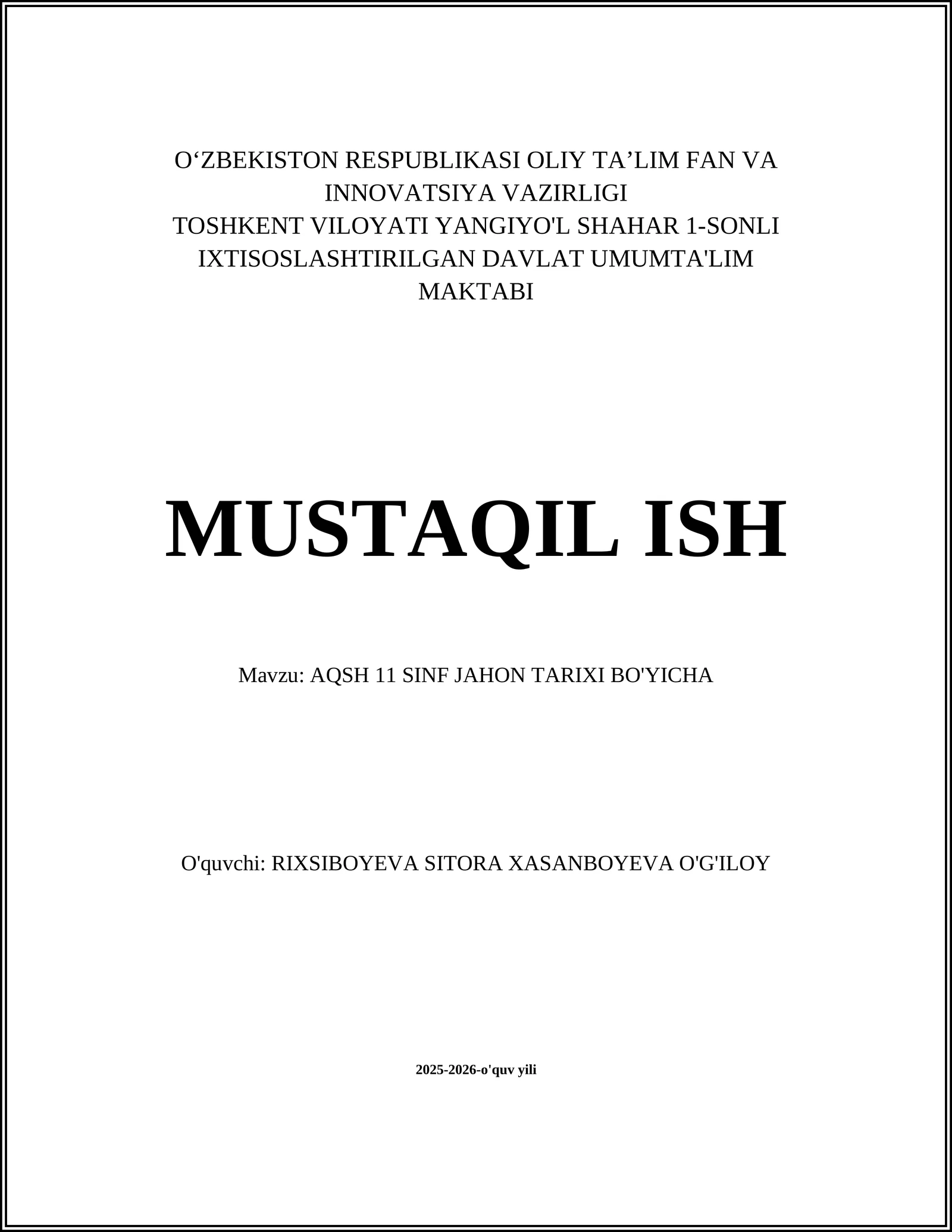 AQSH 11 SINF JAHON TARIXI BO'YICHA