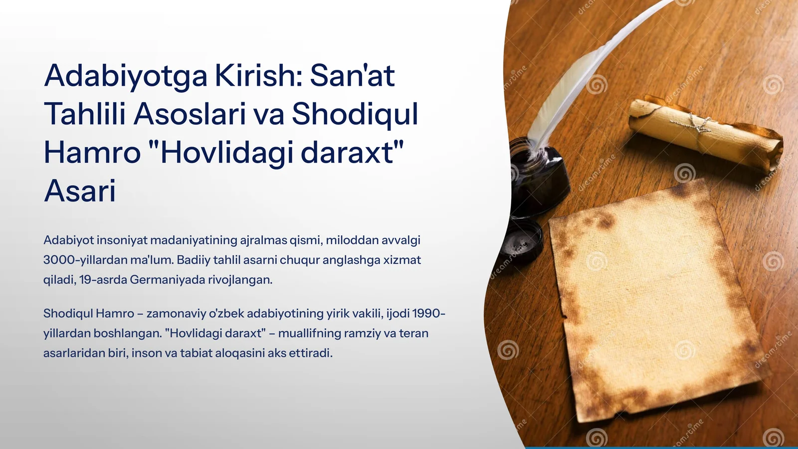 Adabiyotga Kirish: San'at Tahlili Asoslari va Shodiqul Hamro "Hovlidagi daraxt" Asari