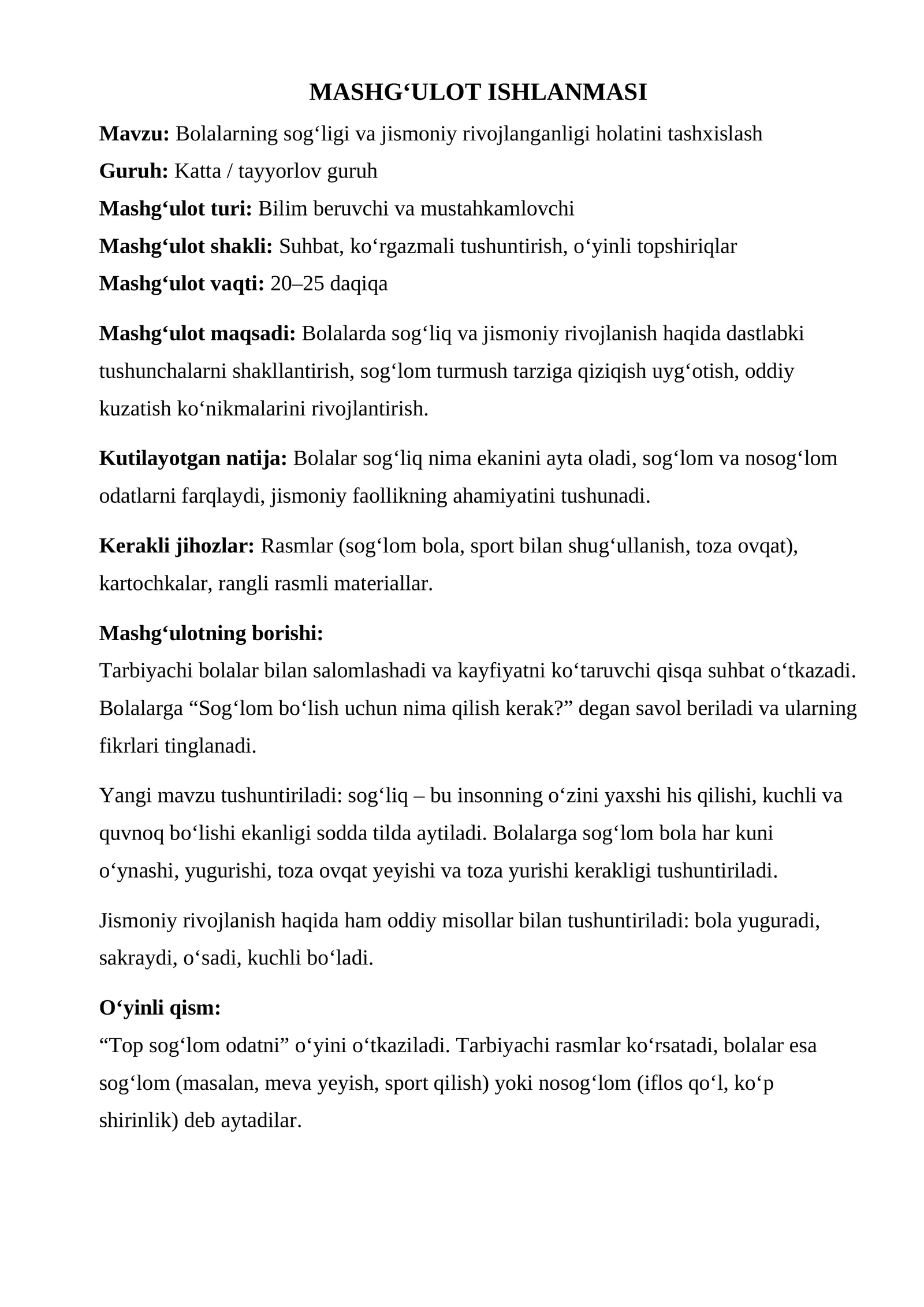 MASHG‘ULOT ISHLANMASI