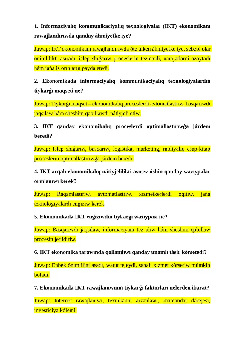 Informaciyalıq kommunikaciyalıq texnologiyalar (IKT) ekonomikada