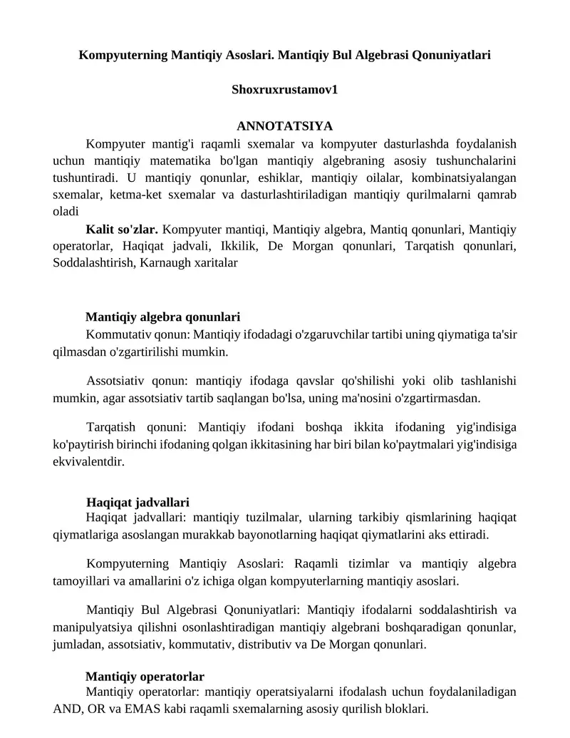 Kompyuterning Mantiqiy Asoslari. Mantiqiy Bul Algebrasi Qonuniyatlari