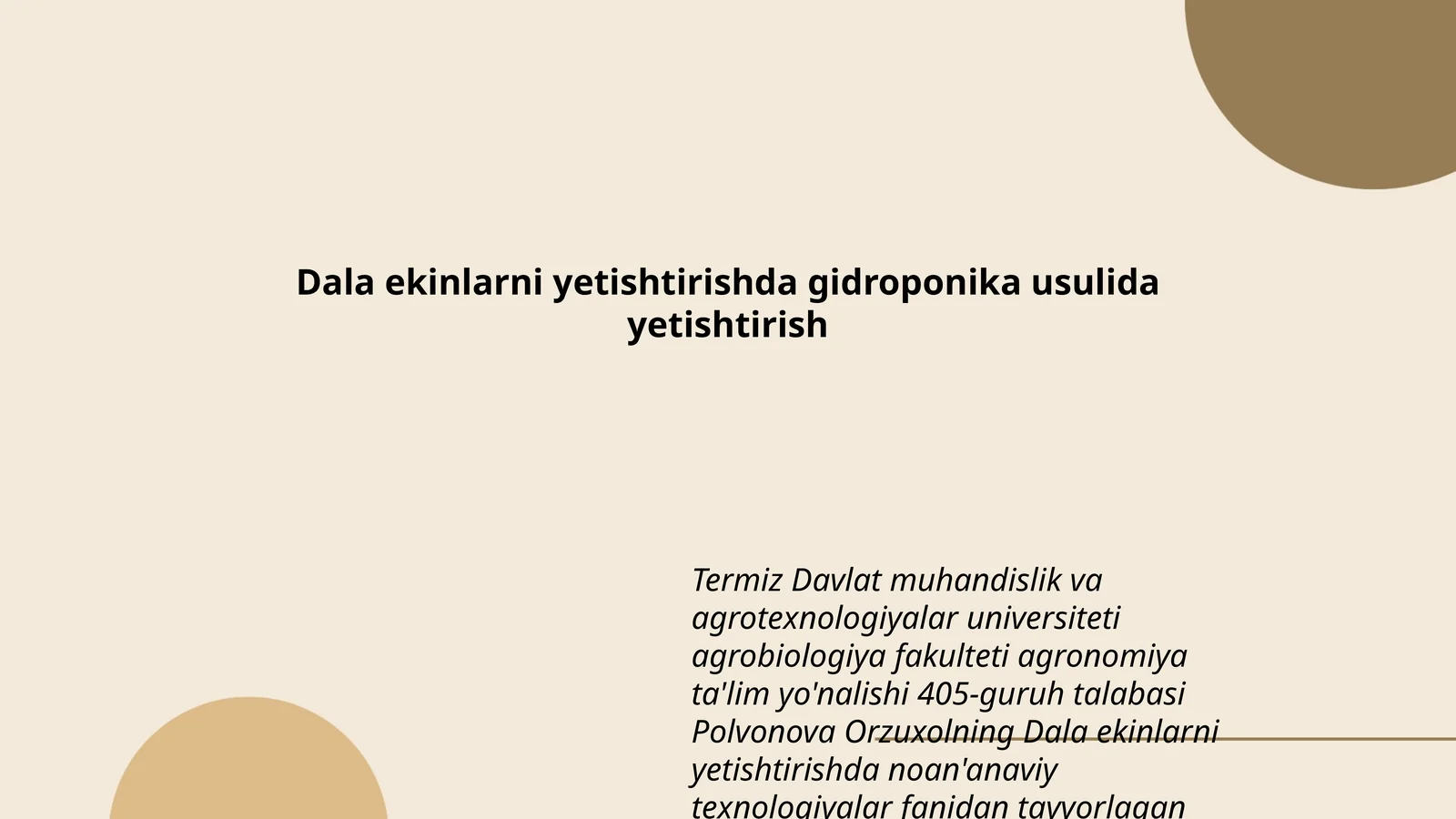 Dala ekinlarni yetishtirishda gidroponika usulida yetishtirish