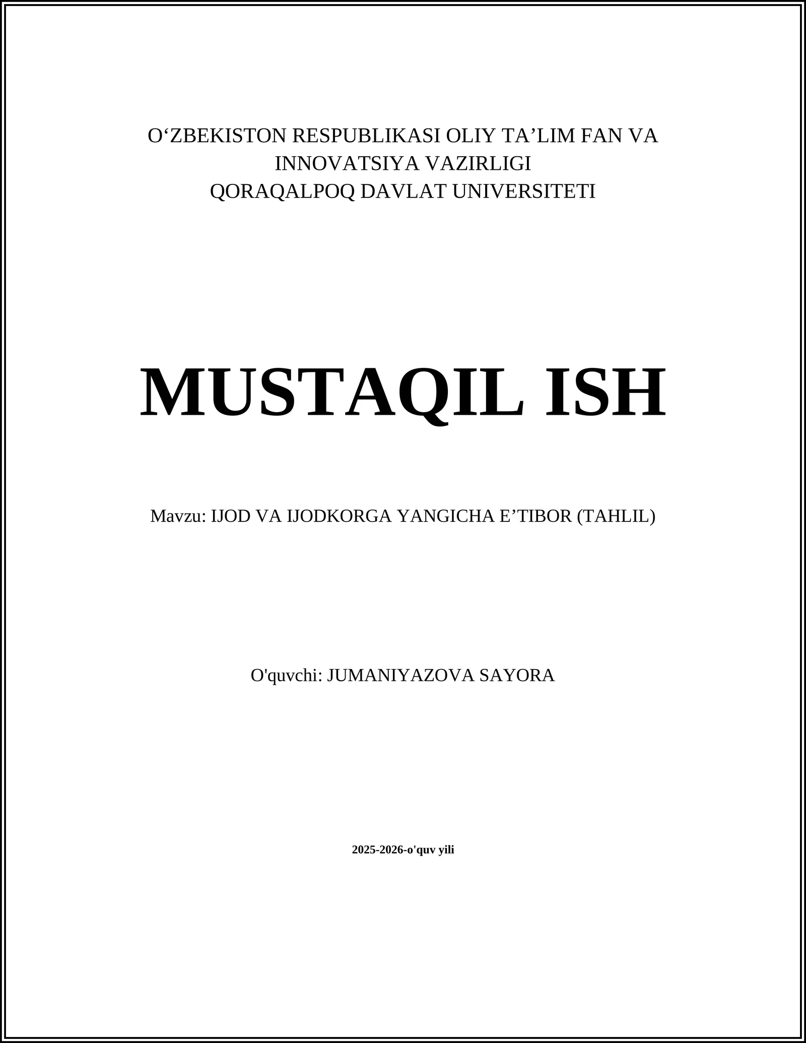 IJOD VA IJODKORGA YANGICHA E’TIBOR (TAHLIL)