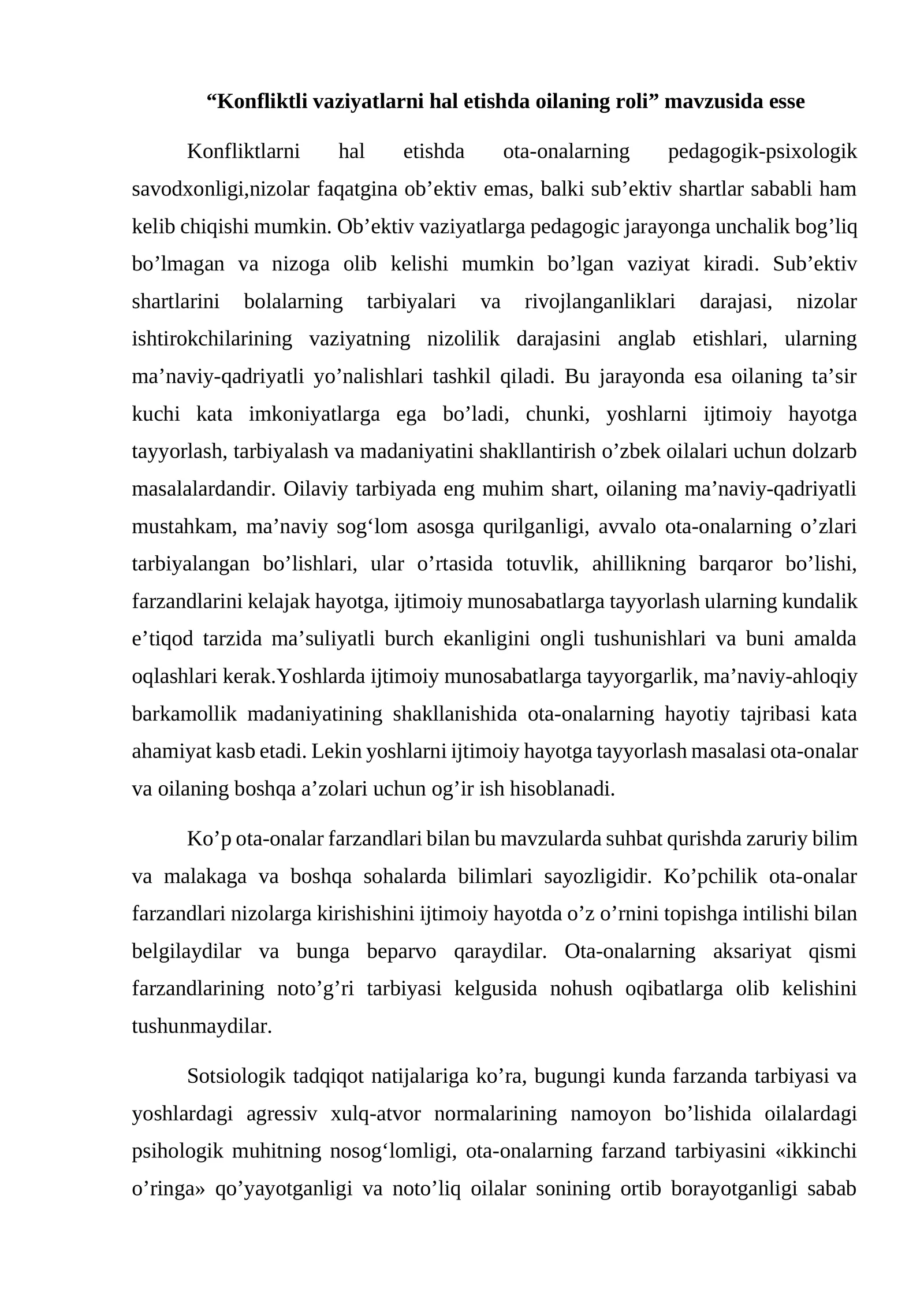 Konfliktli vaziyatlarni hal etishda oilaning roli