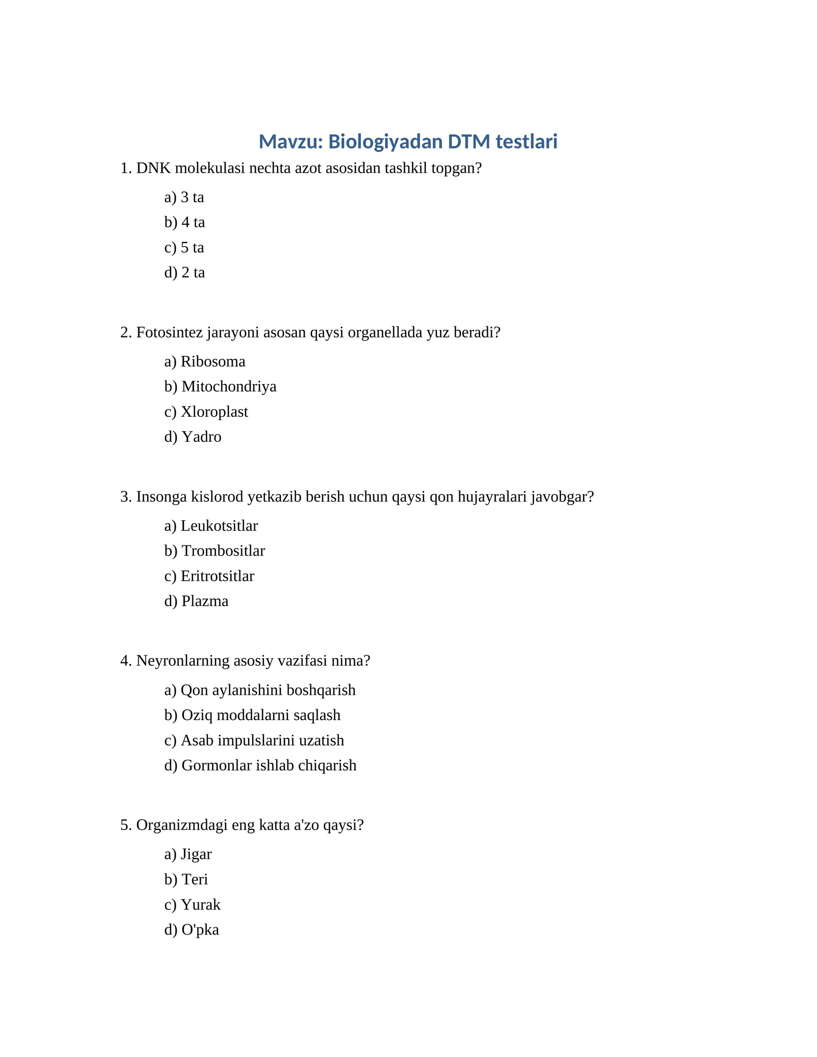 Biologiyadan DTM testlari