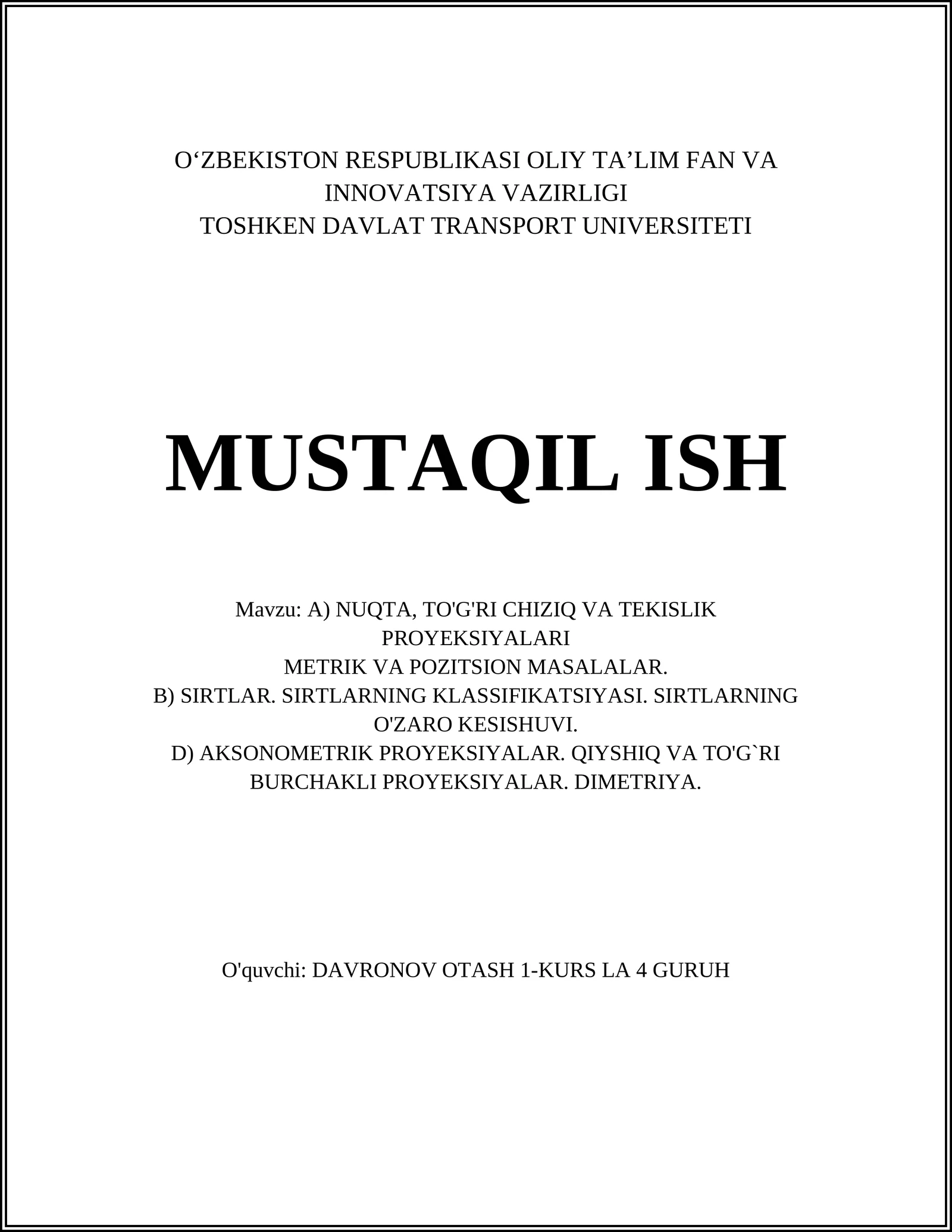 NUQTA, TO'G'RI CHIZIQ VA TEKISLIK PROYEKSIYALARI