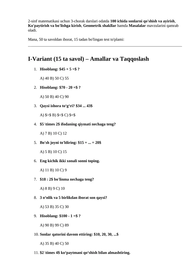 2-sinf matematikasi uchun 3-chorak darslari