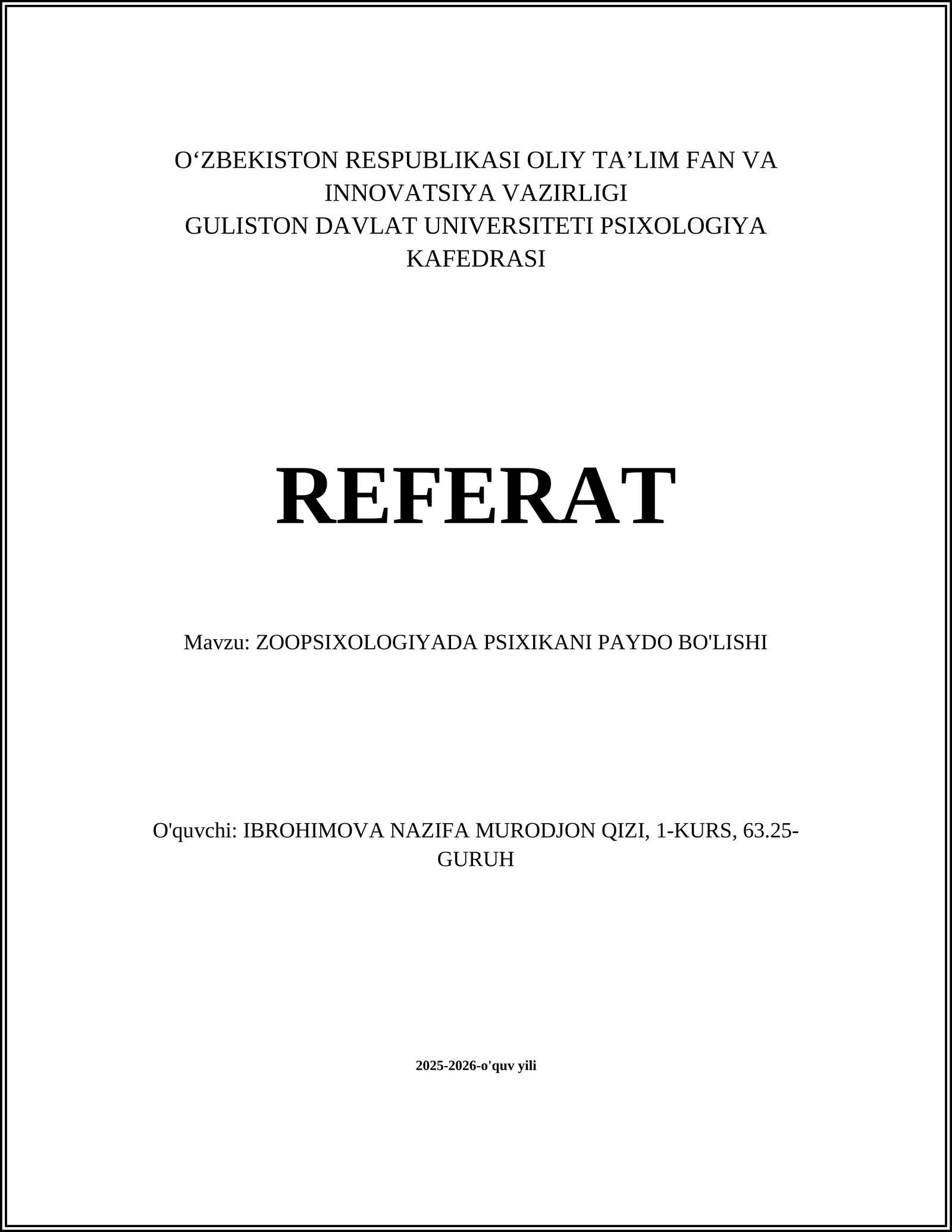 ZOOPSIXOLOGIYADA PSIXIKANI PAYDO BO'LISHI