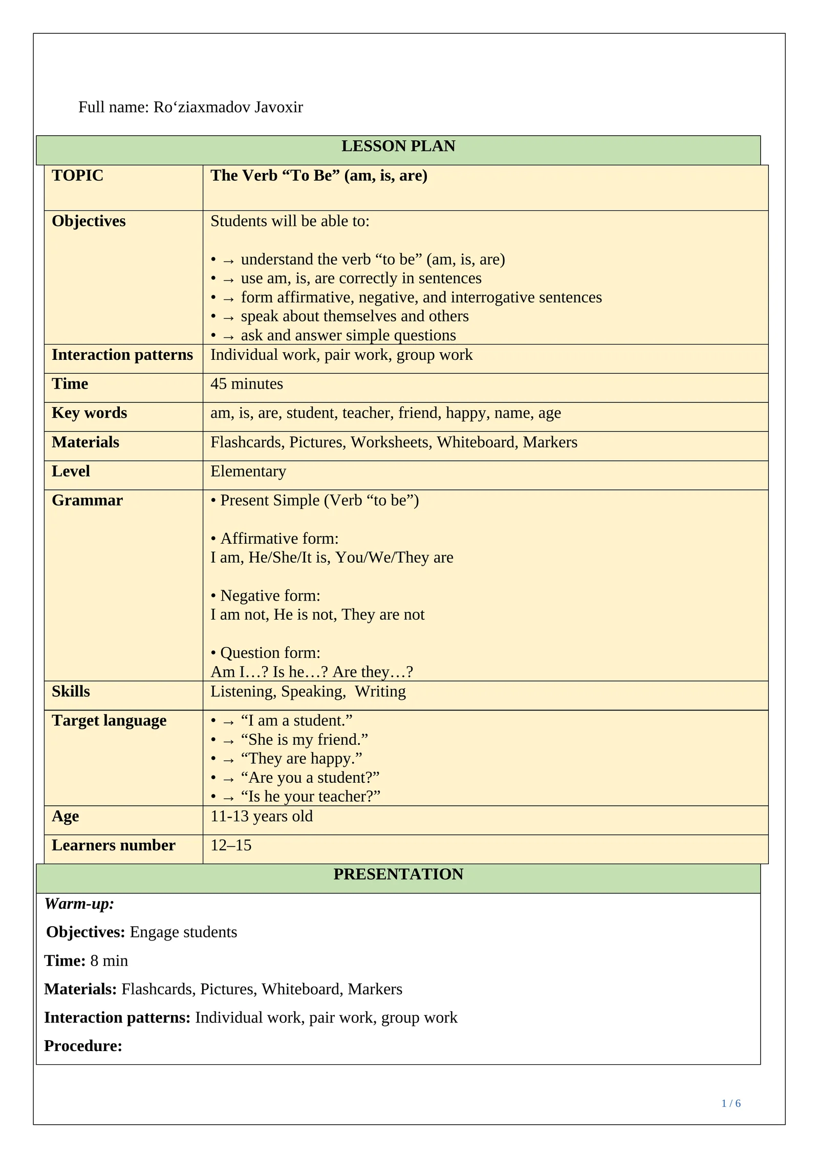 Lesson plan ESP The Verb “To Be”