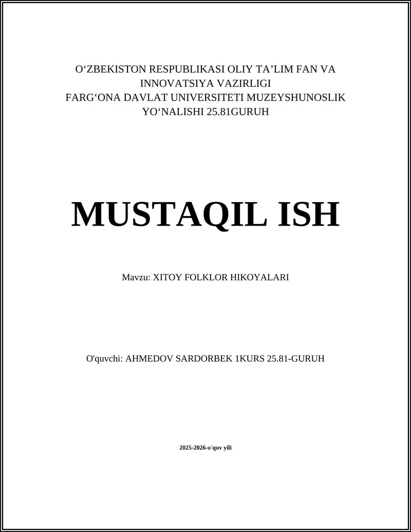 XITOY FOLKLOR HIKOYALARI