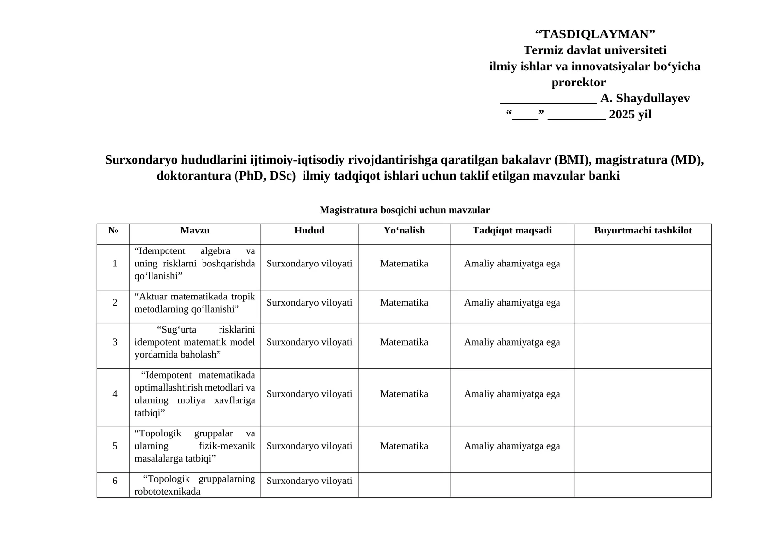 Mavzu: "Magistratura bosqichi uchun mavzular"
