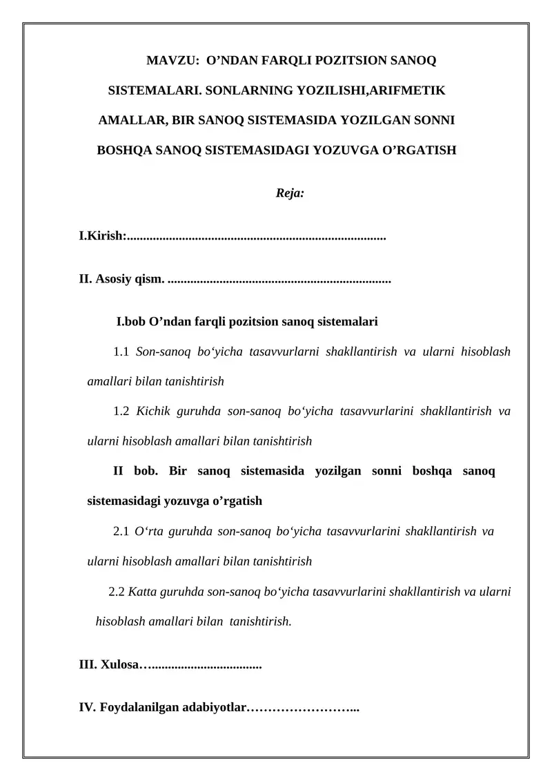 O’ndan farqli pozitsion sanoq sistemalari
