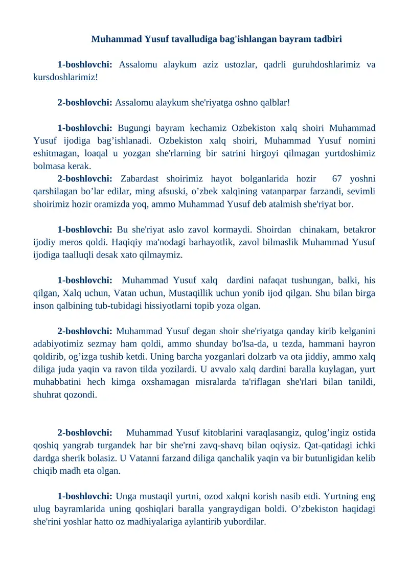 Muhammad Yusuf tavalludiga bag'ishlangan bayram tadbiri