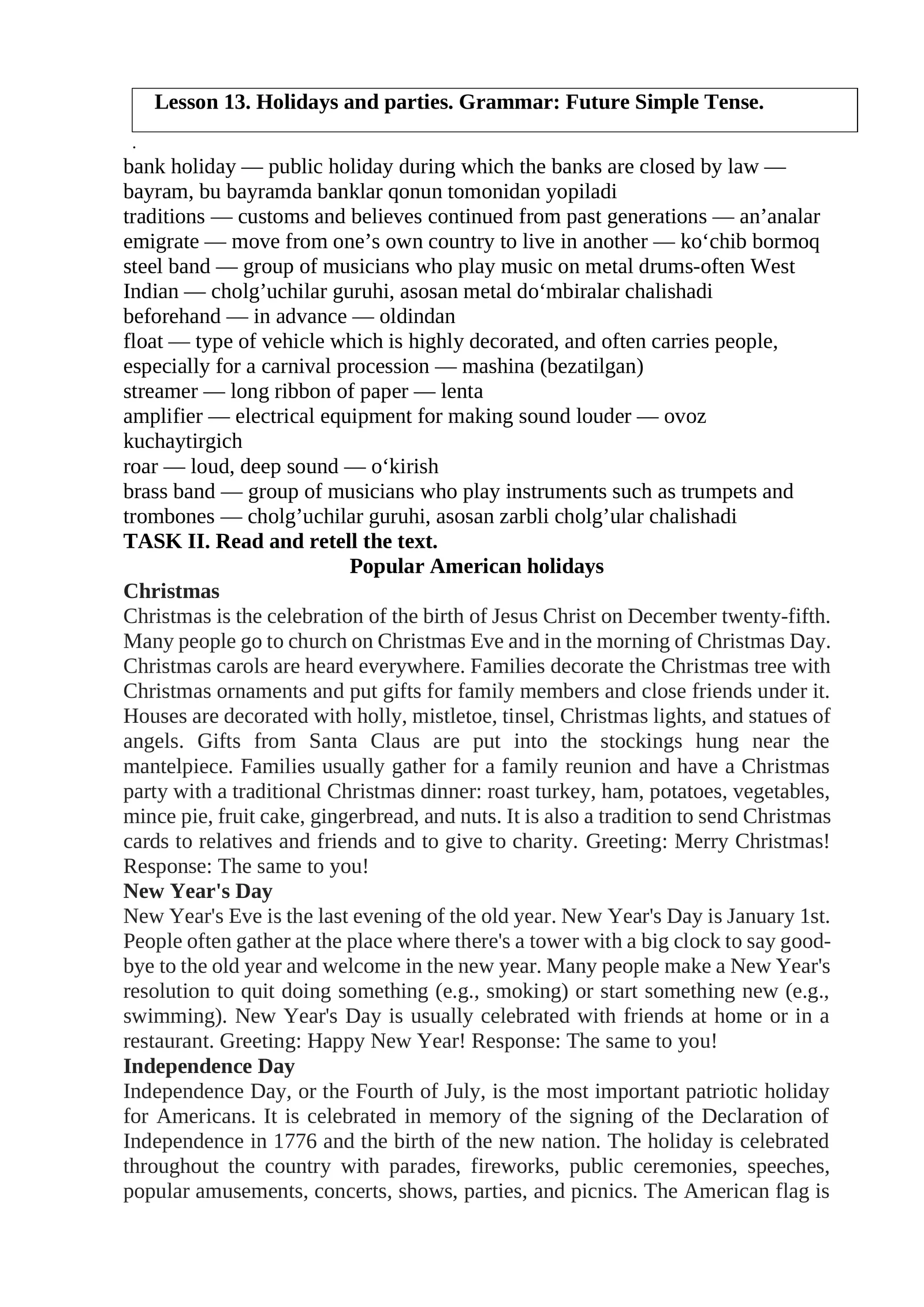Lesson 13. Holidays and parties. Grammar: Future Simple Tense