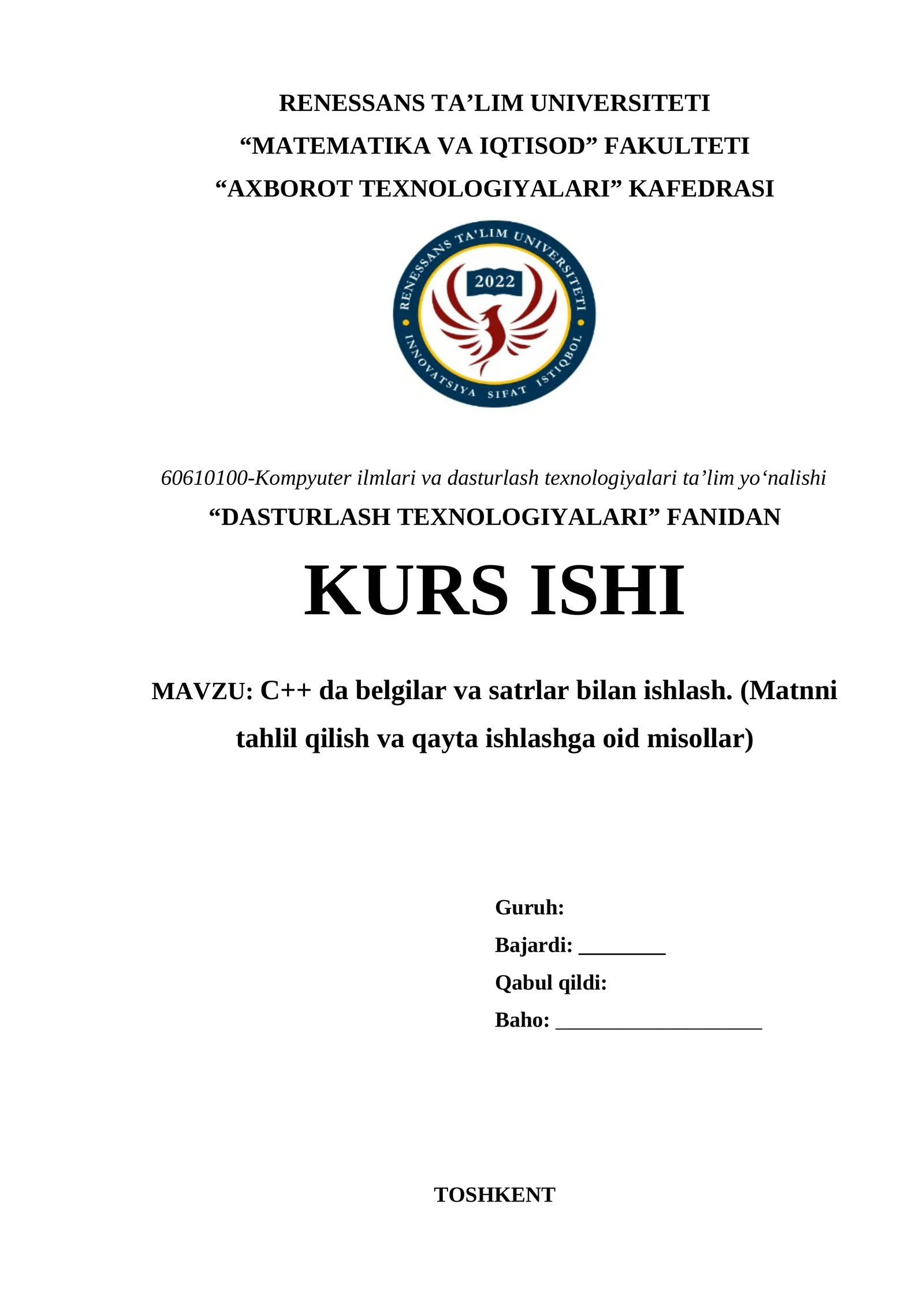 C++ da belgilar va satrlar bilan ishlash