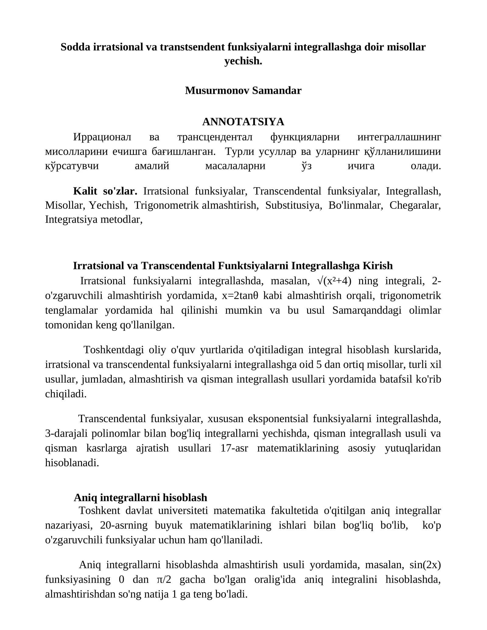 Irratsional va Transcendental Funktsiyalarni Integrallashga Kirish