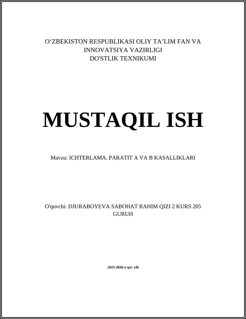 ICHTERLAMA. PARATIT A VA B KASALLIKLARI
