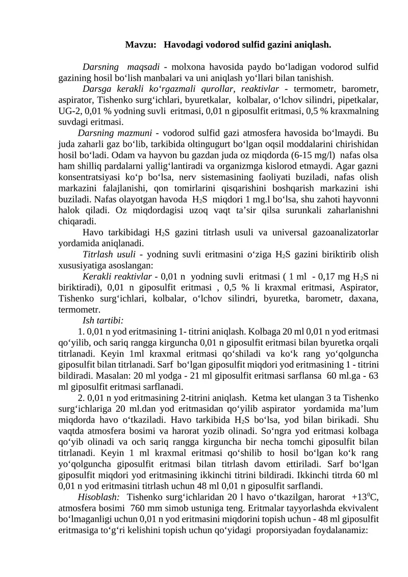 Havodagi vodorod sulfid gazini aniqlash