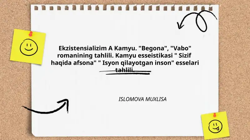 Ekzistensializm A. Kamyu. "Begona", "Vabo" romanlarining tahlili. Kamyu esseistikasi "Sizif haqida afsona", "Isyon qilayotgan inson" esselari tahlili.