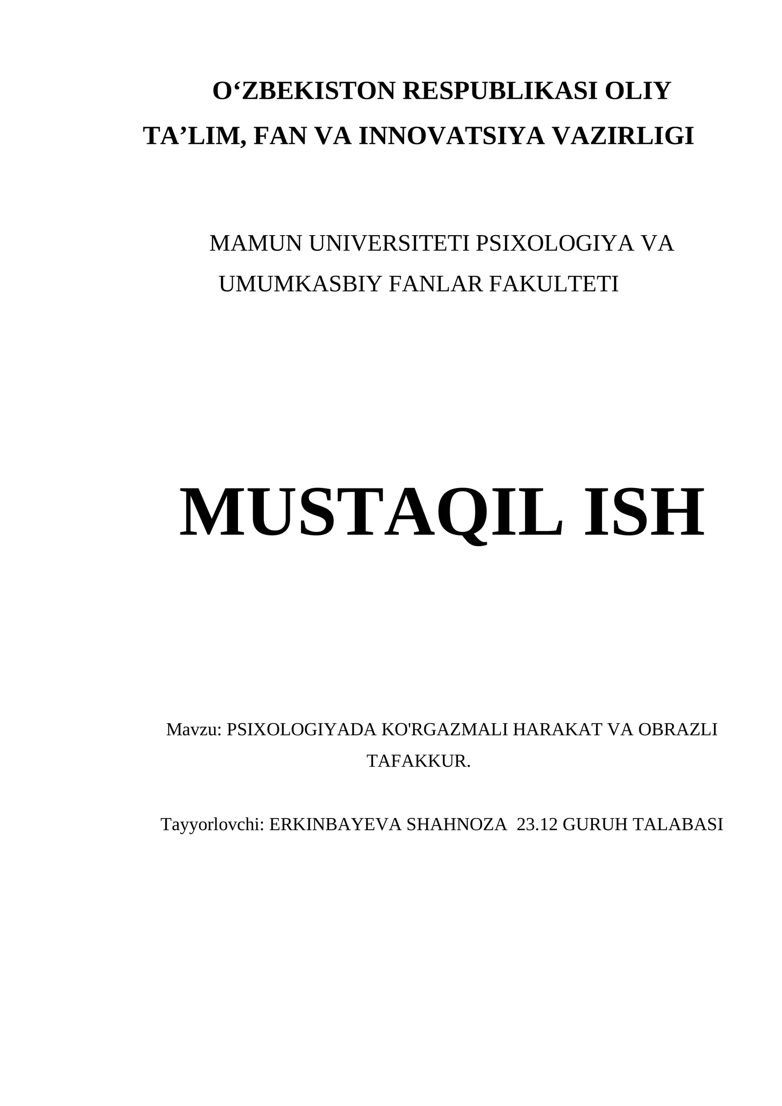 PSIXOLOGIYADA KO'RGAZMALI HARAKAT VA OBRAZLI TAFAKKUR