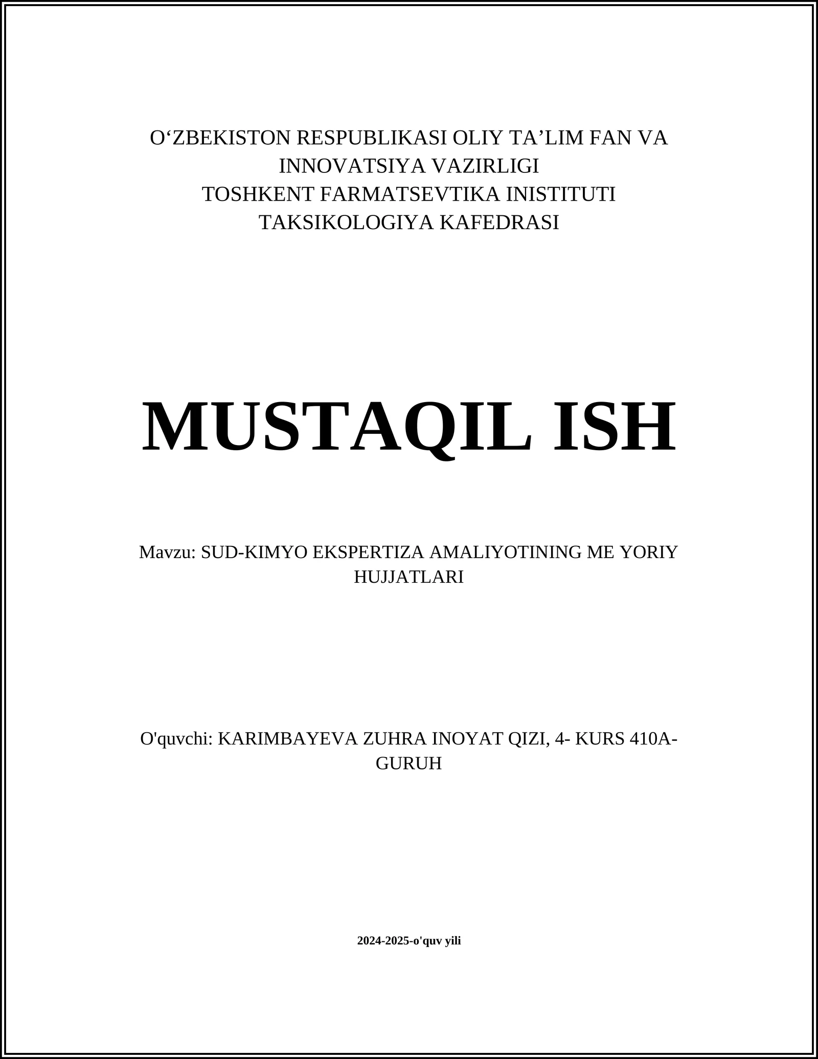 SUD-KIMYO EKSPERTIZA AMALIYOTINING ME YORIY HUJJATLARI