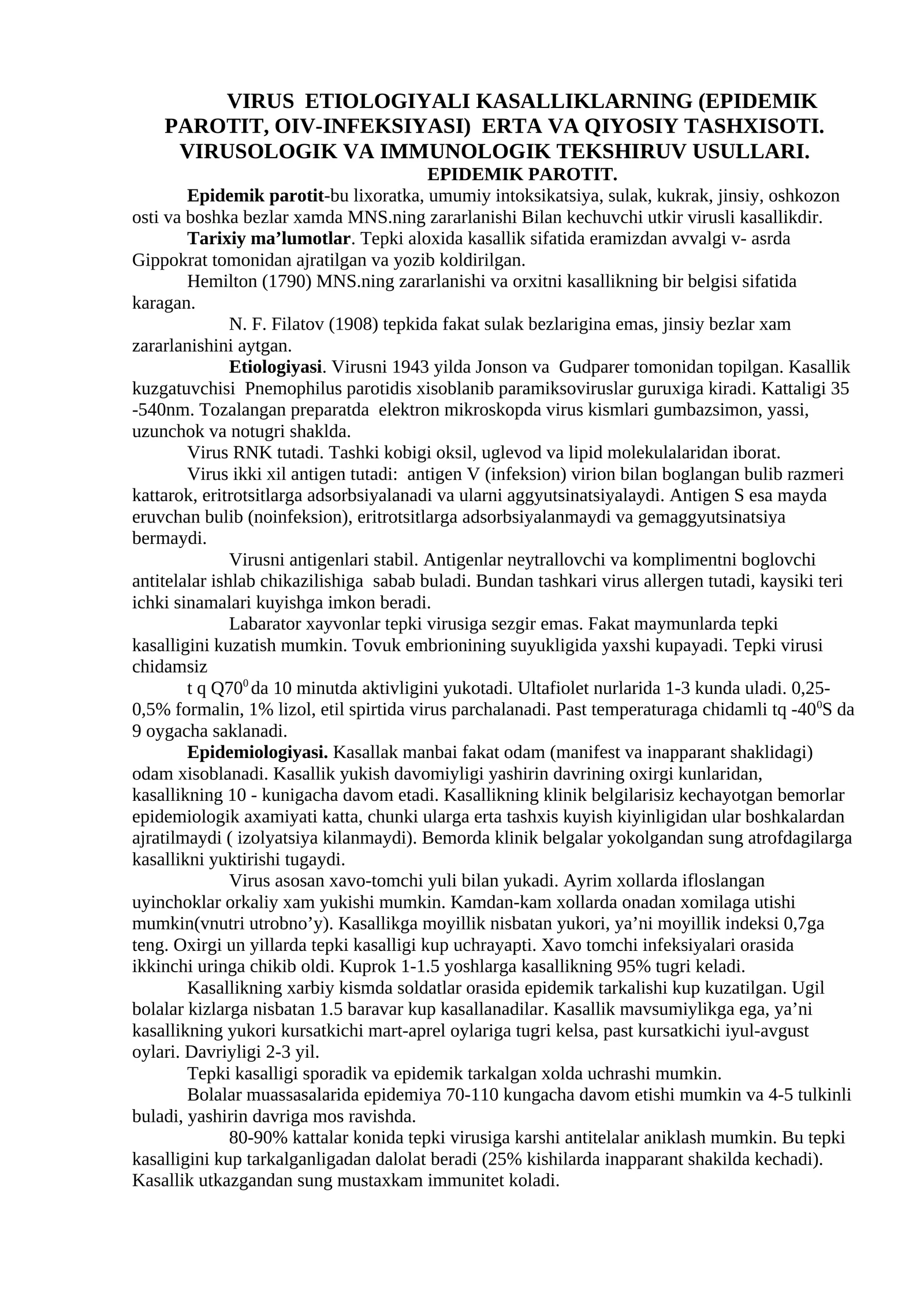 VIRUS ETIOLOGIYALI KASALLIKLARNING (EPIDEMIK PAROTIT, OIV-INFEKSIYASI) ERTA VA QIYOSIY TASHXISOTI