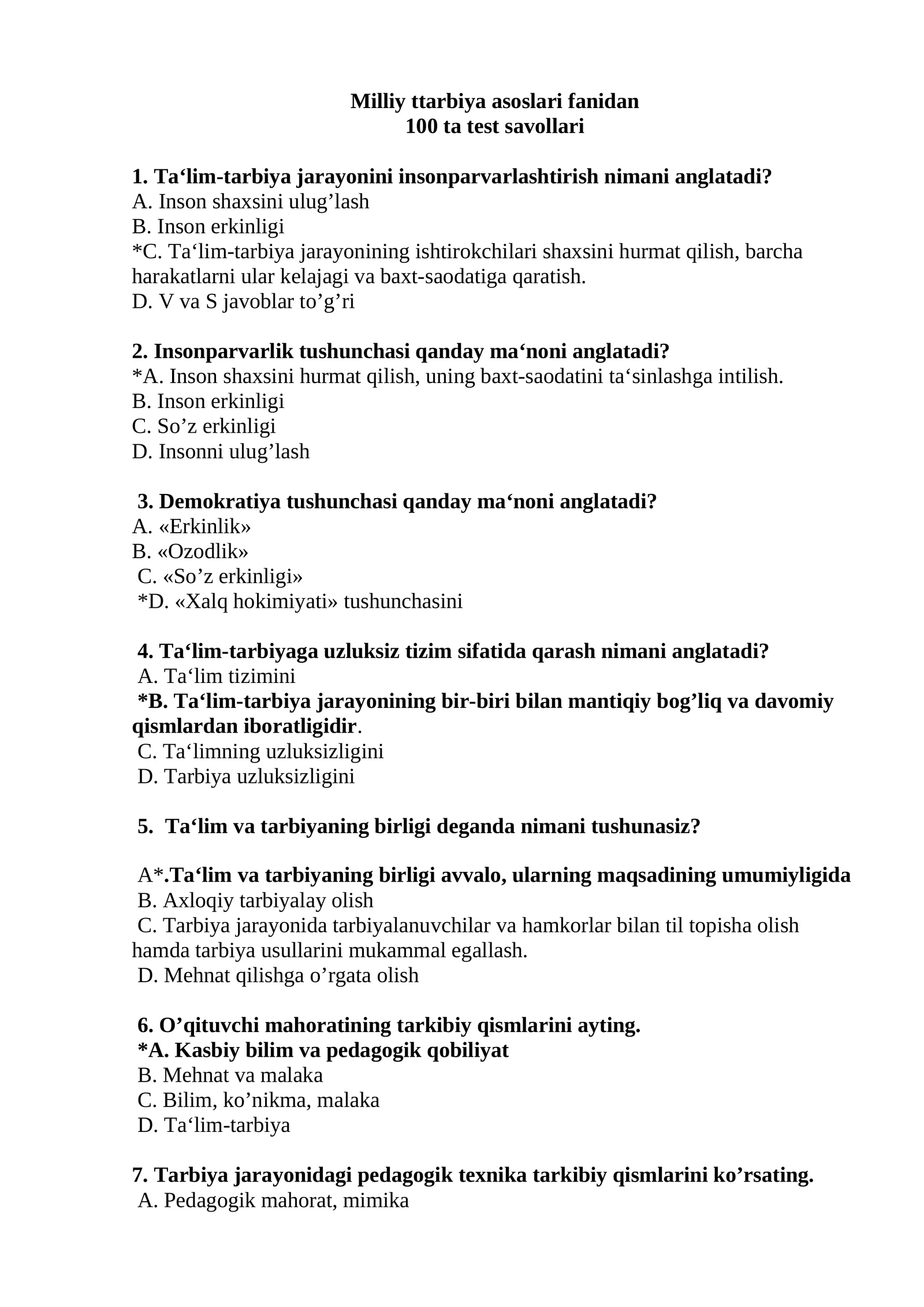 Milliy ttarbiya asoslari fanidan 100 ta test savollari