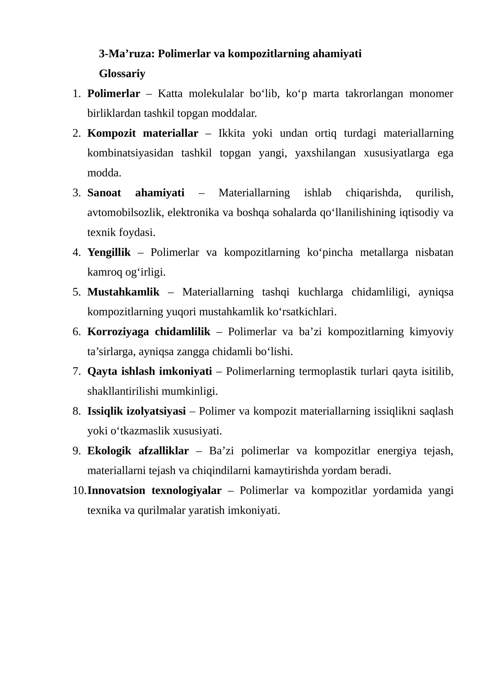 3-Ma’ruza: Polimerlar va kompozitlarning ahamiyati