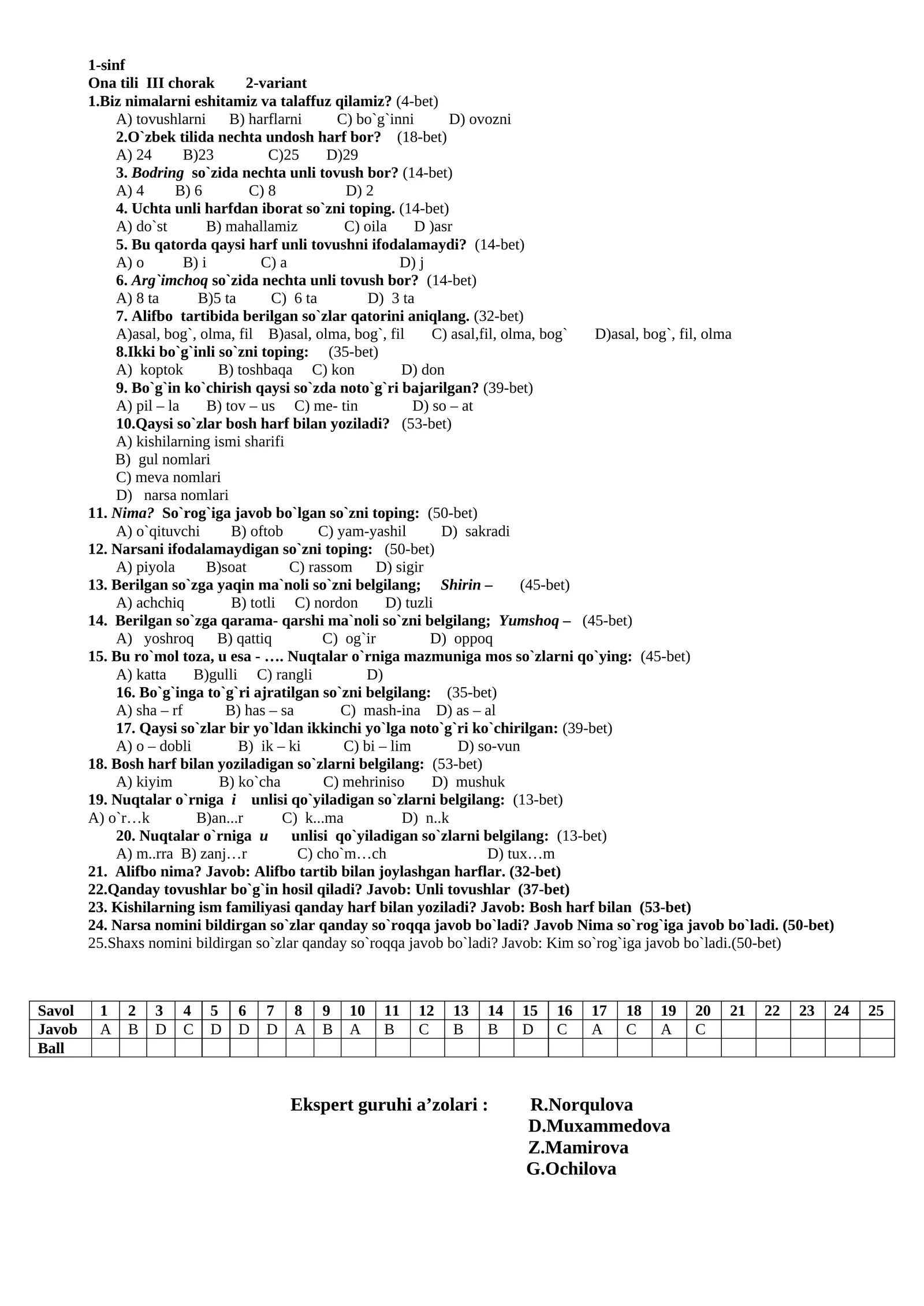 Ona tili III chorak 2-variant