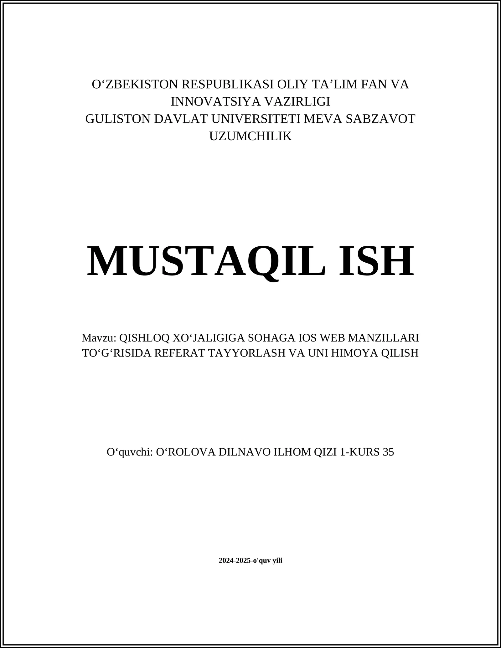 QISHLOQ XOʻJALIGIGA SOHAGA IOS WEB MANZILLARI TOʻGʻRISIDA REFERAT TAYYORLASH VA UNI HIMOYA QILISH