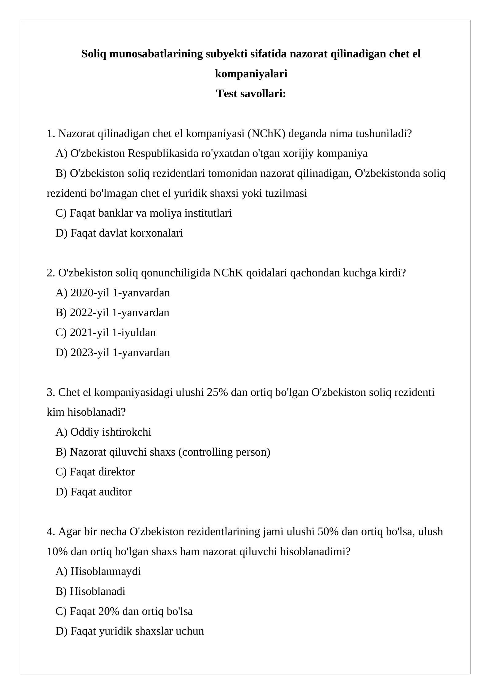 Soliq munosabatlarining subyekti sifatida nazorat qilinadigan chet el kompaniyalari