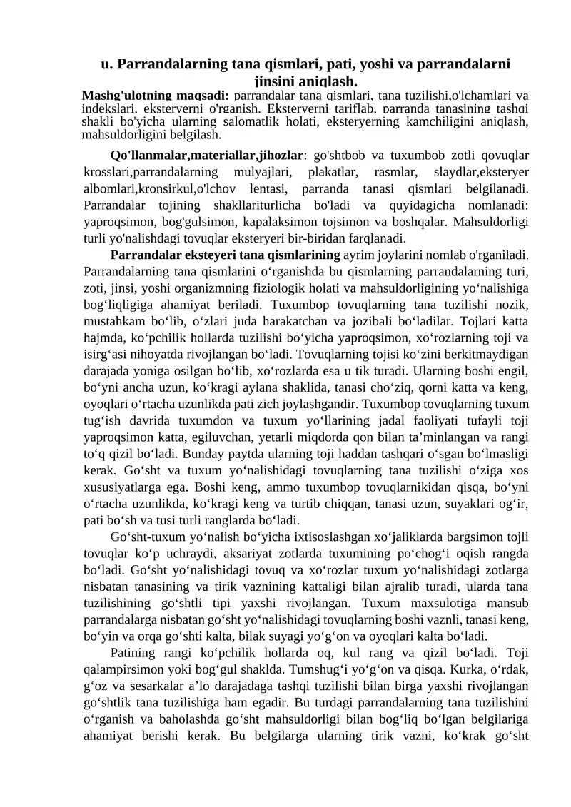 Parrandalar tana qismlari, pati, yoshi va parrandalarni jinsini aniqlash