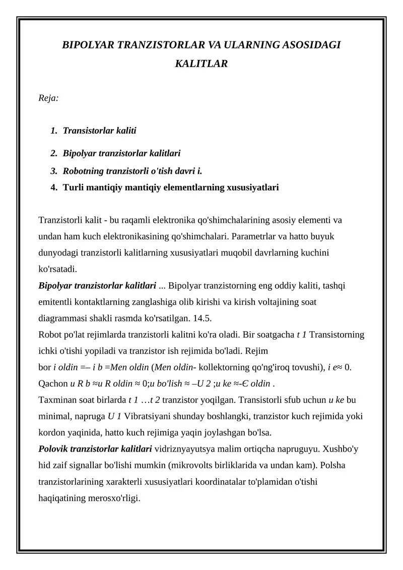 Transistorlar Bipolyar tranzistorlar va ularning asosidagi kalitlar