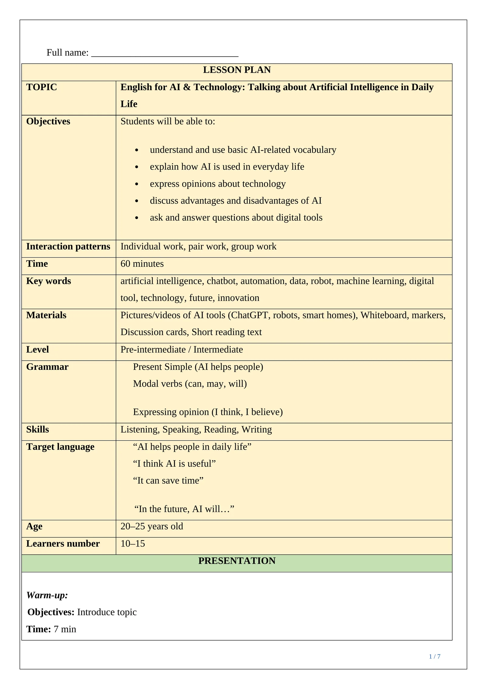 Lesson plan ESP AI & Texnologiya