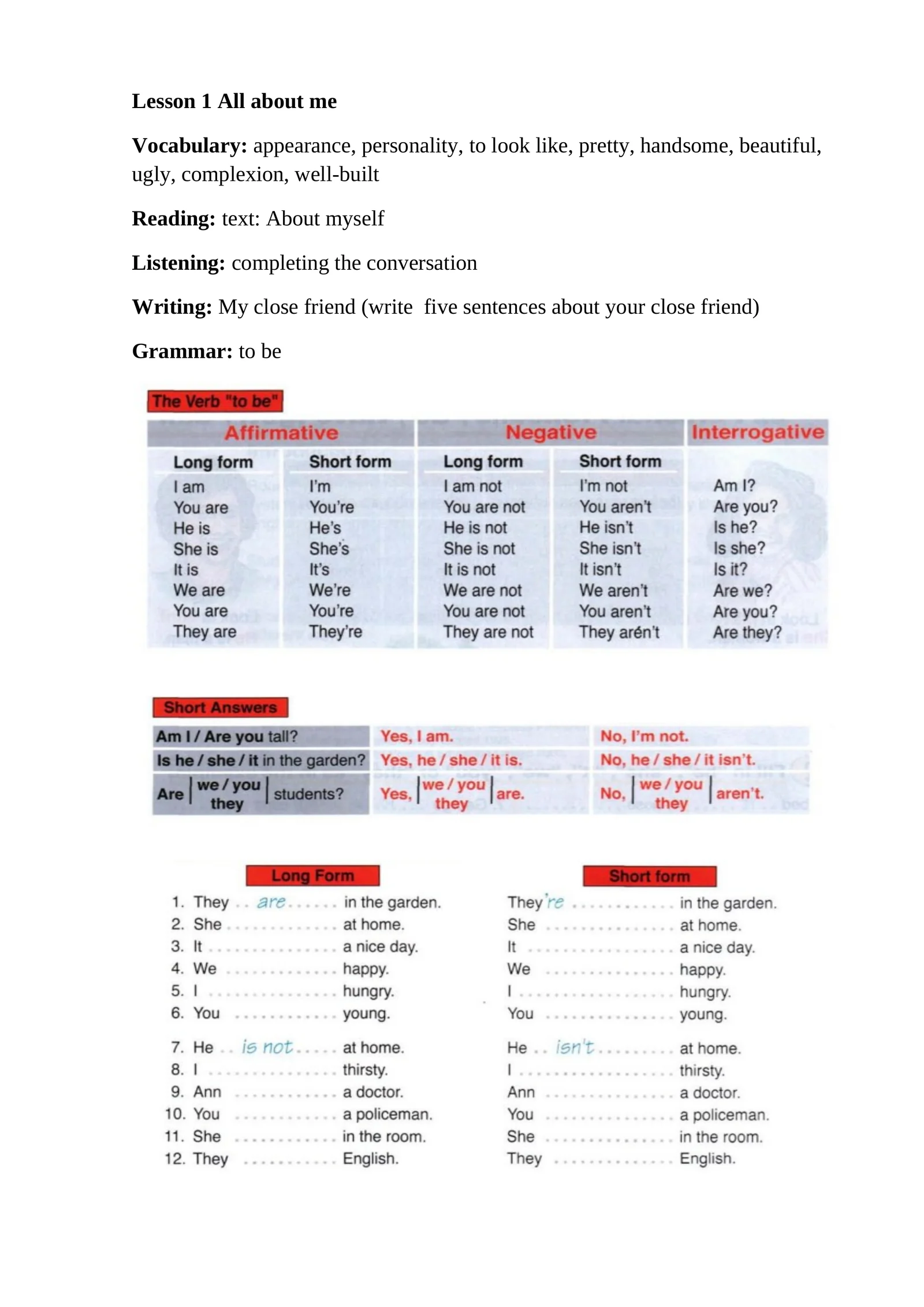 Lesson 1 All about me