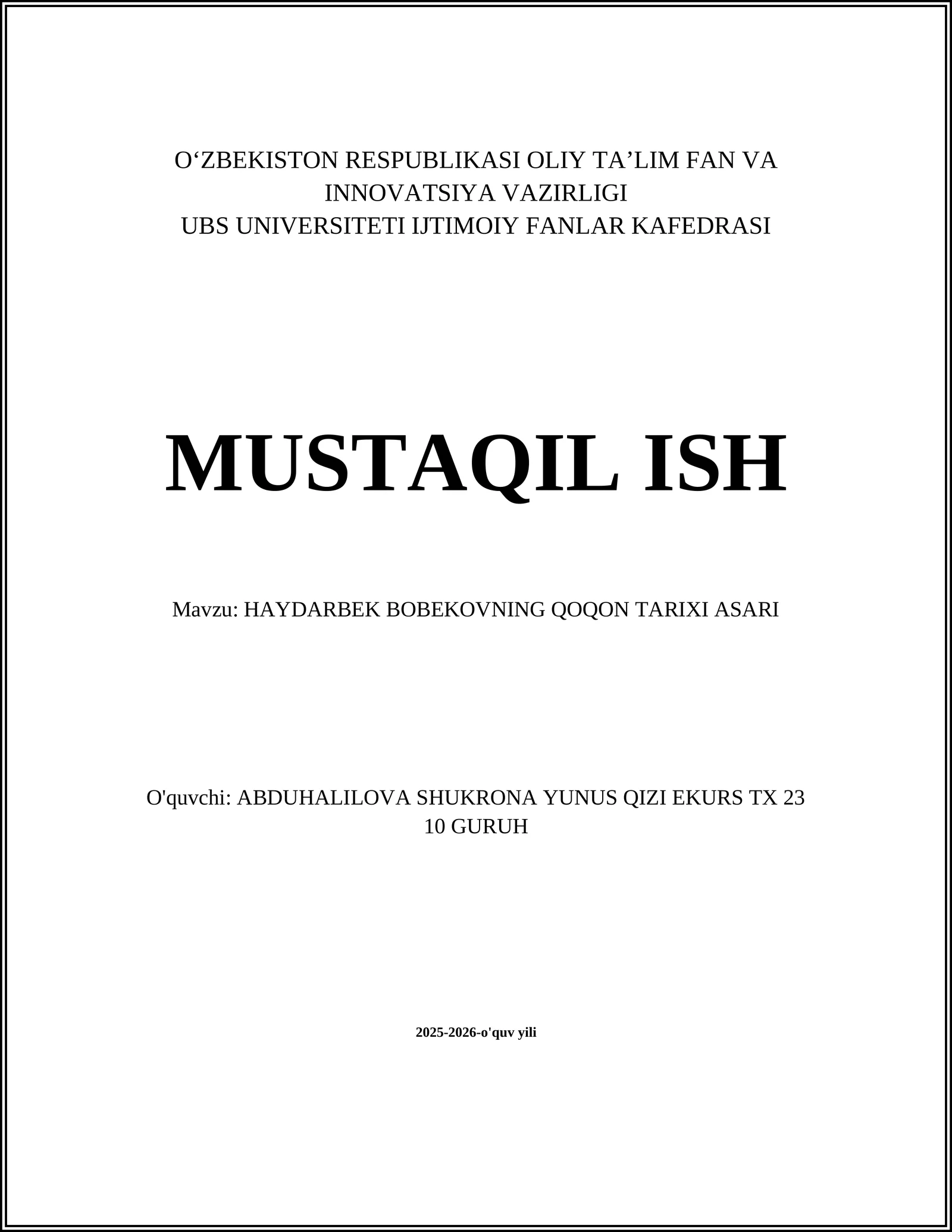 HAYDARBEK BOBEKOVNING QOQON TARIXI ASARI