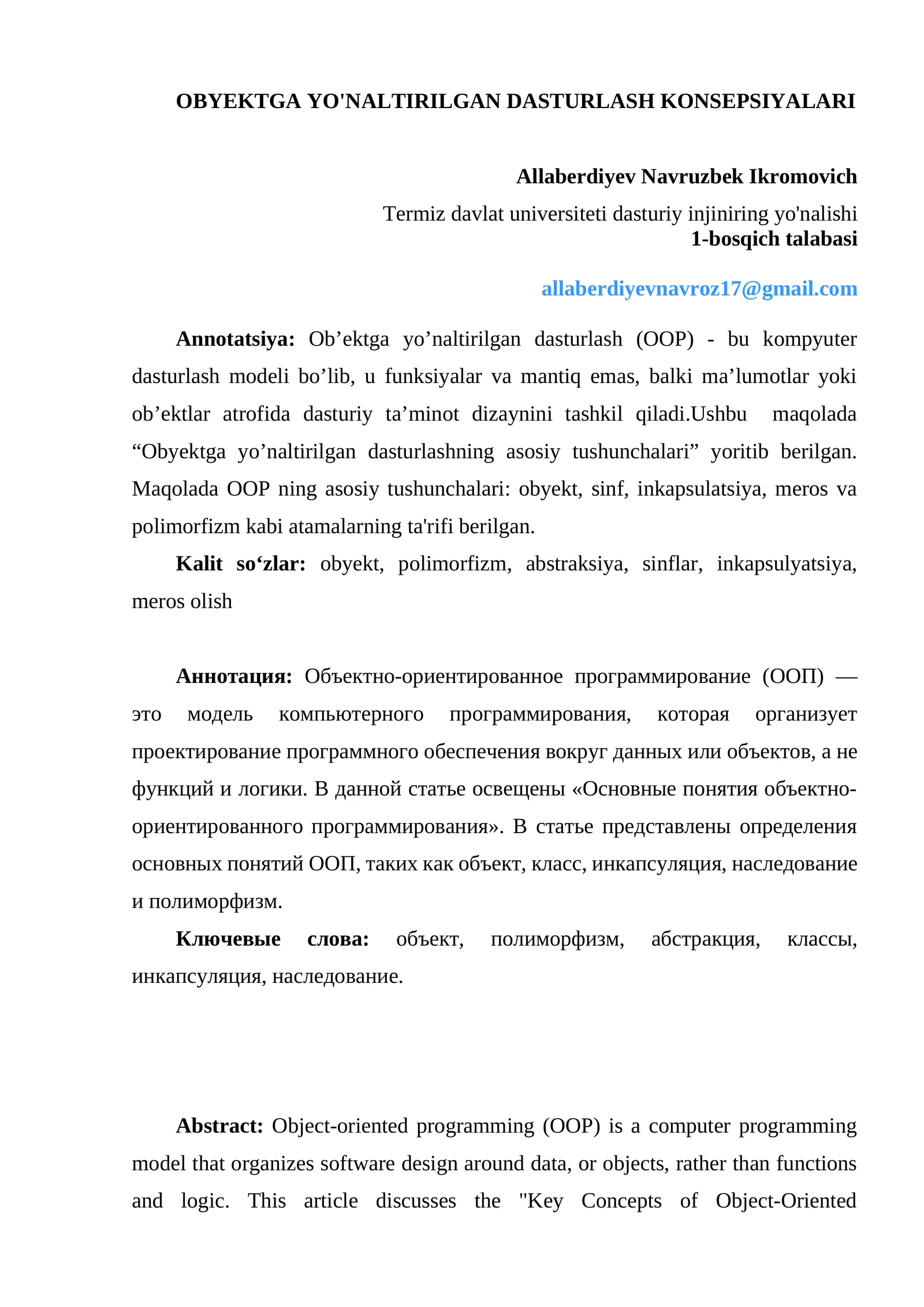 OOP konsepsiyalari mavzusida maqola