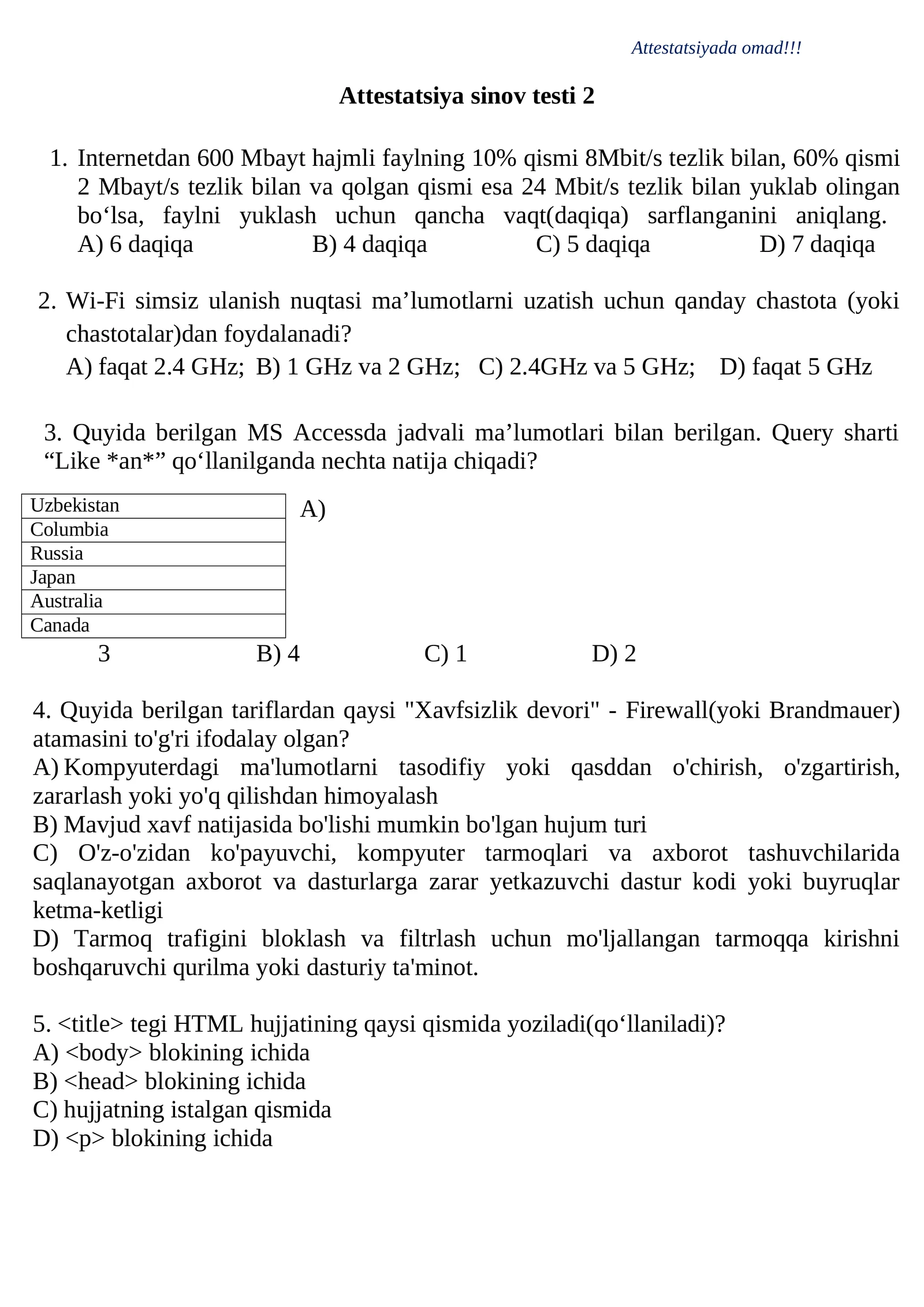 Attestatsiya sinov testi 2