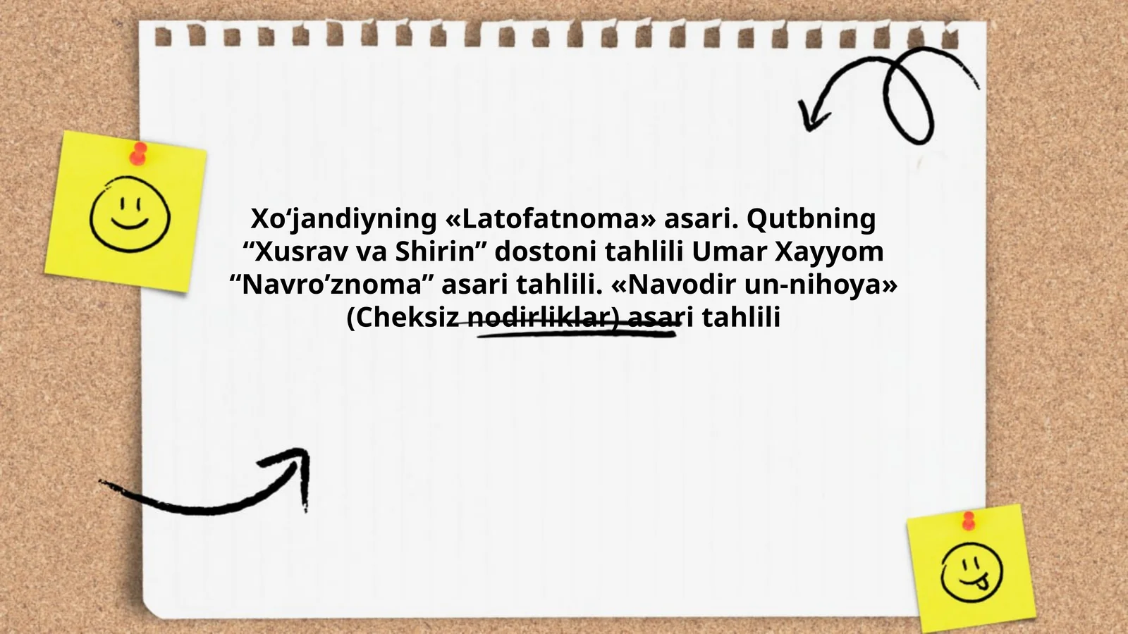 Xo‘jandiyning «Latofatnoma» asari. Qutbning “Xusrav va Shirin” dostoni tahlili Umar Xayyom “Navroʼznoma” asari tahlili. «Navodir un-nihoya» (Cheksiz nodirliklar) asari tahlili