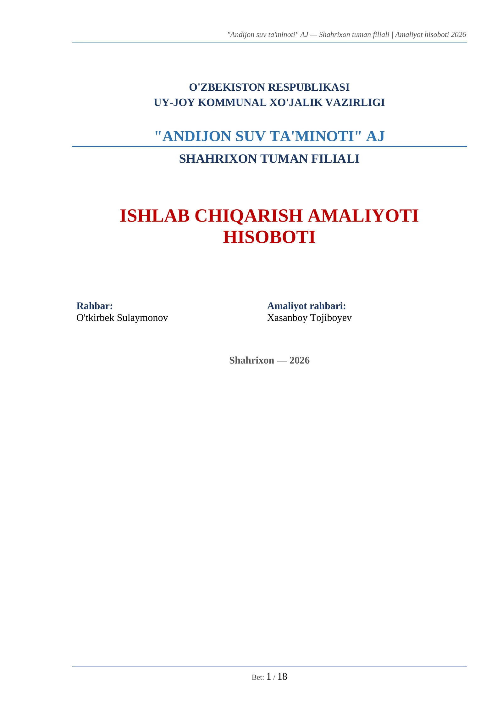 ISHLAB CHIQARISH AMALIYOTI HISOBOTI