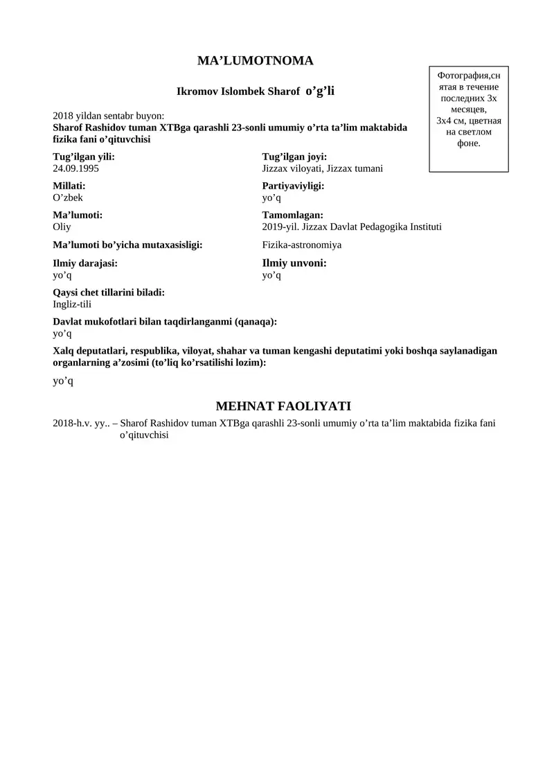 MA’LUMOTNOMA ( Obektevka ) shabloni