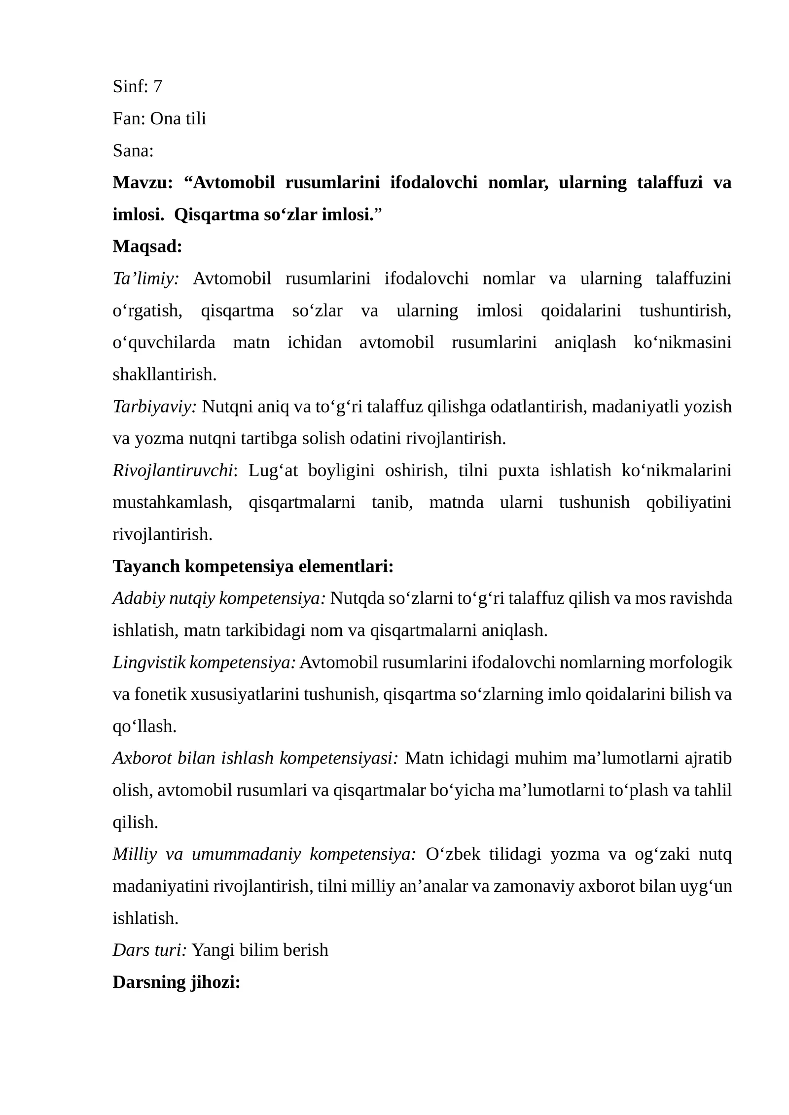 “Avtomobil rusumlarini ifodalovchi nomlar, ularning talaffuzi va imlosi. Qisqartma soʻzlar imlosi.”