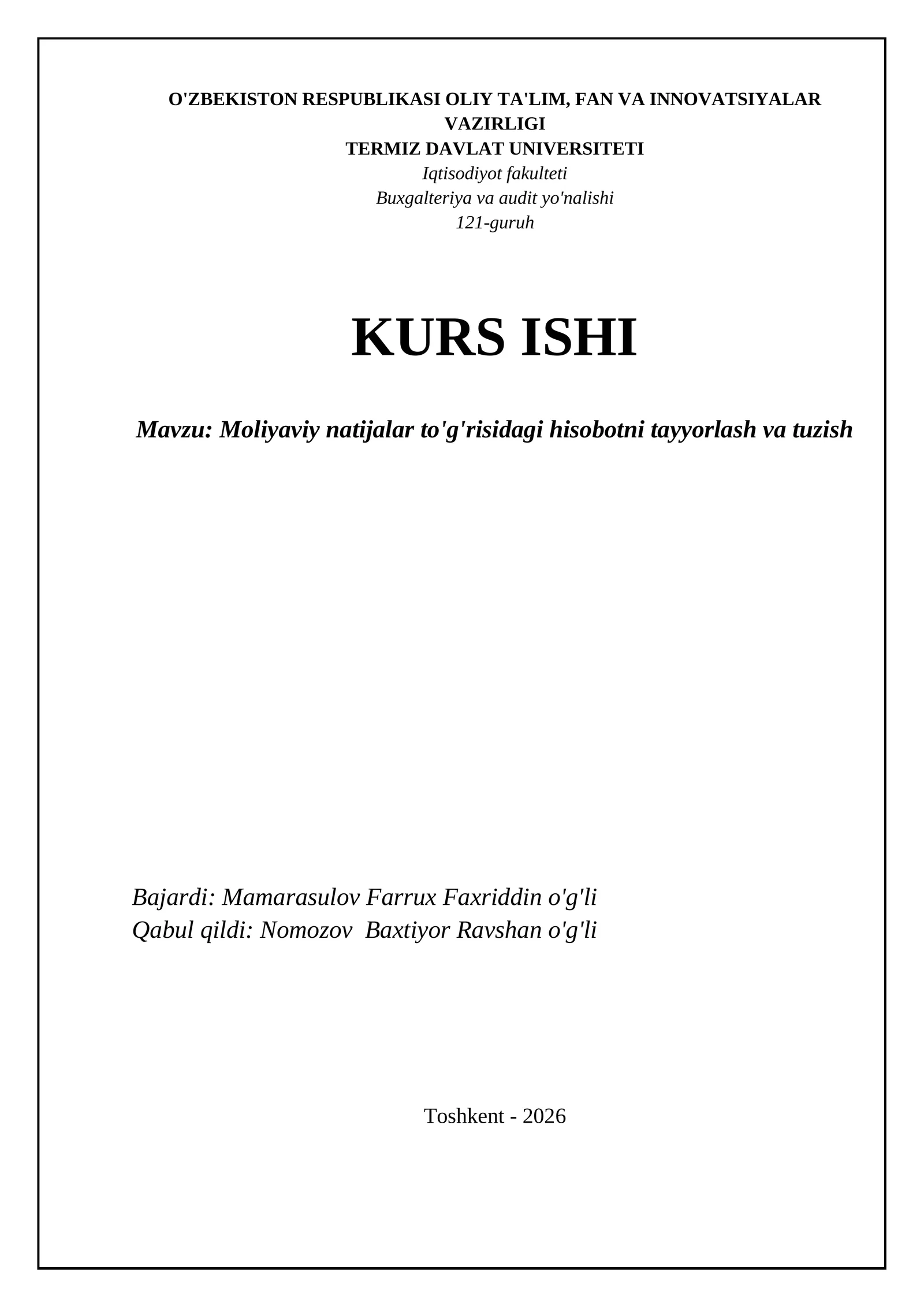 Moliyaviy natijalar to'g'risidagi hisobotni tayyorlash va tuzish