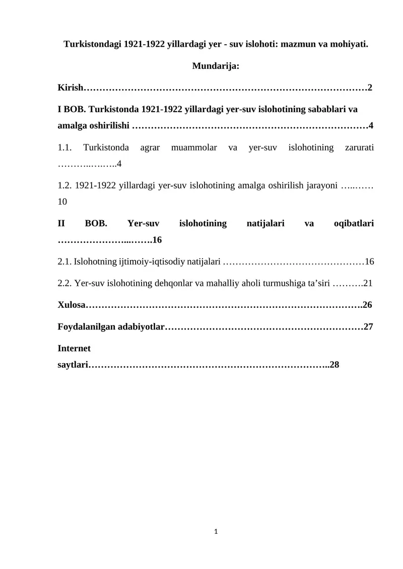 Turkistondagi 1921-1922 yillardagi yer - suv islohoti: mazmun va mohiyati