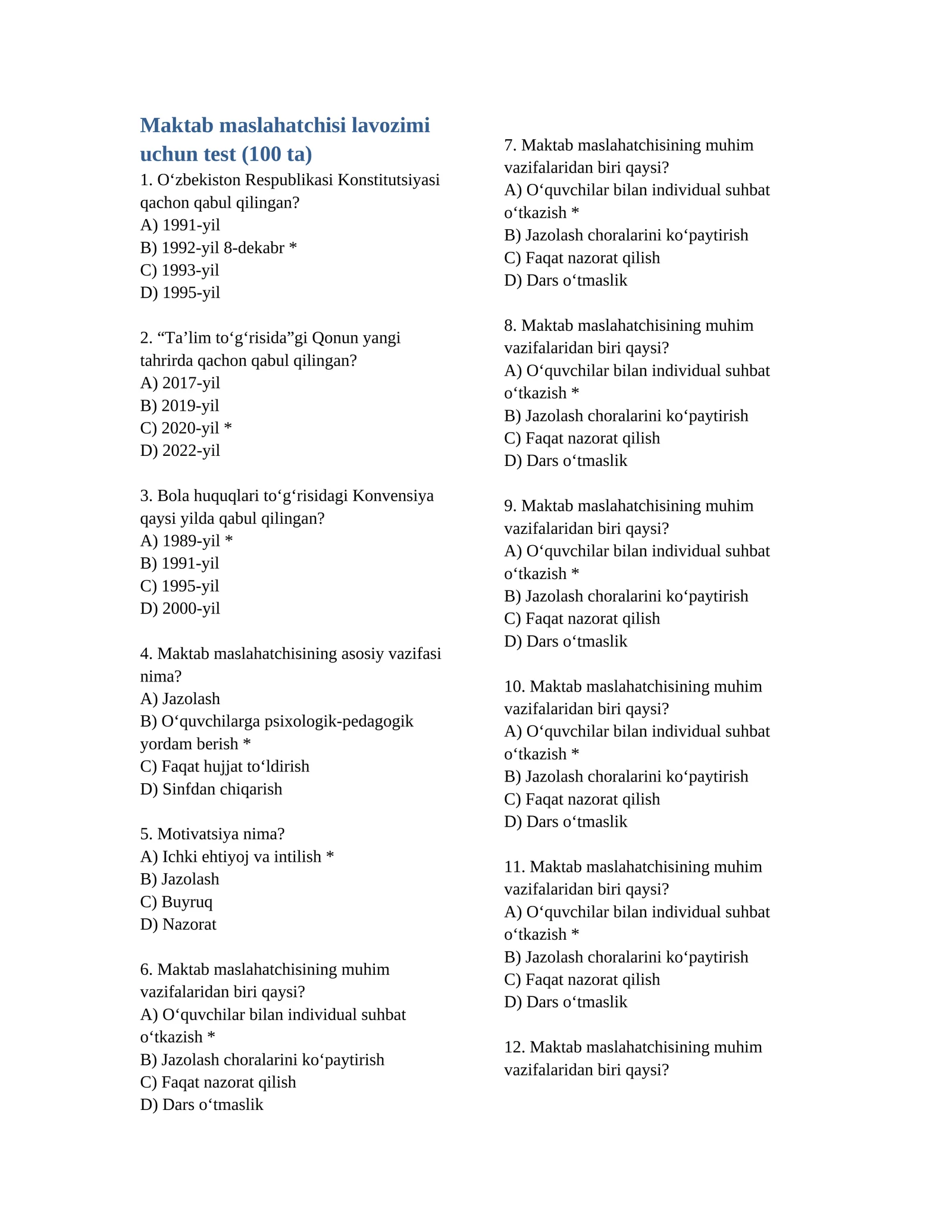 Maktab maslahatchisi lavozimi uchun test (100 ta) 2-qism