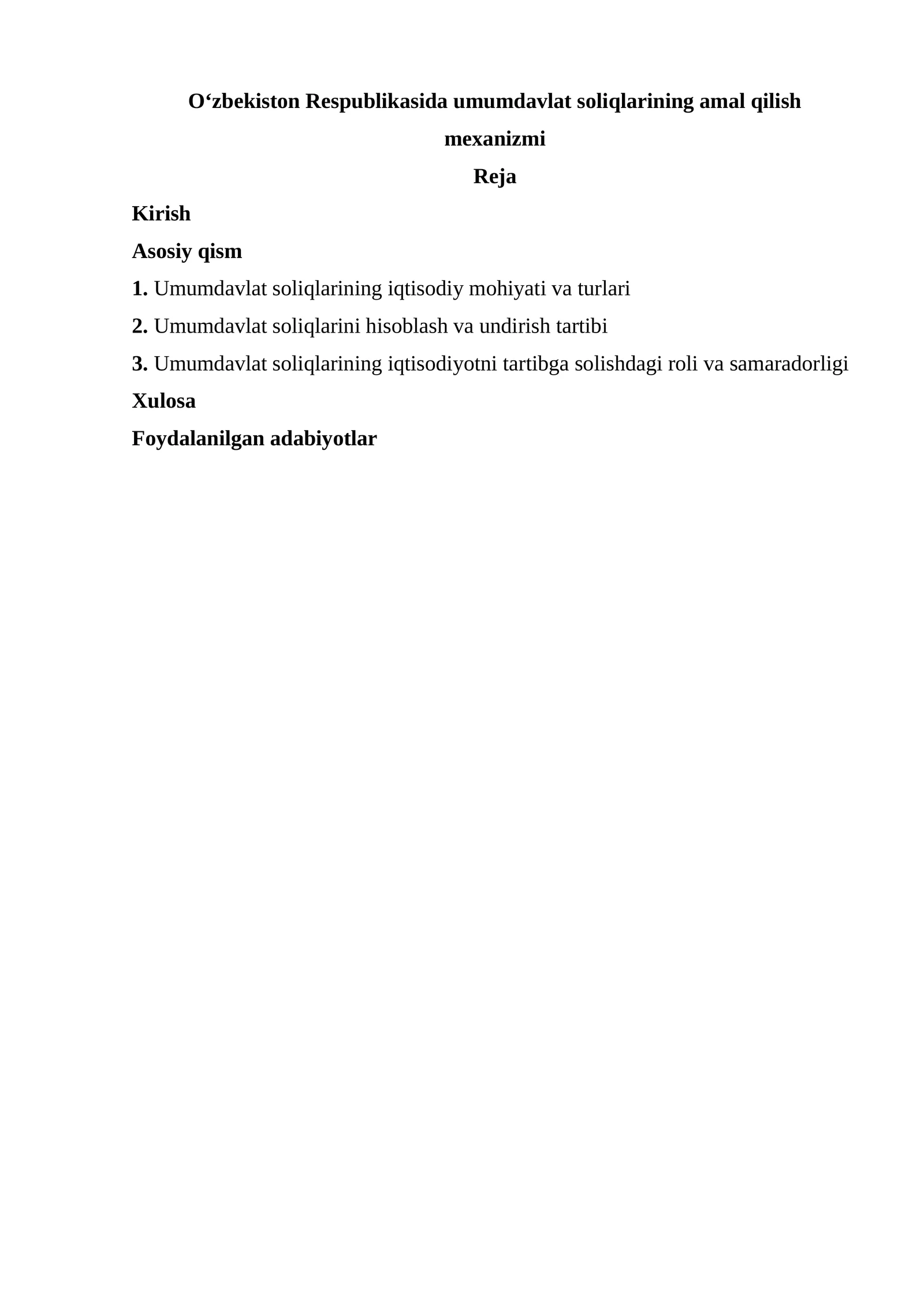 O‘zbekiston Respublikasida umumdavlat soliqlarining amal qilish   mexanizmi