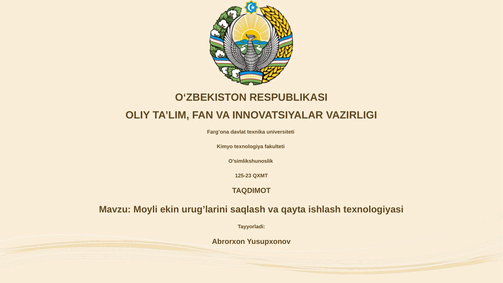 Moyli ekin urug’larini saqlash va qayta ishlash texnologiyasi