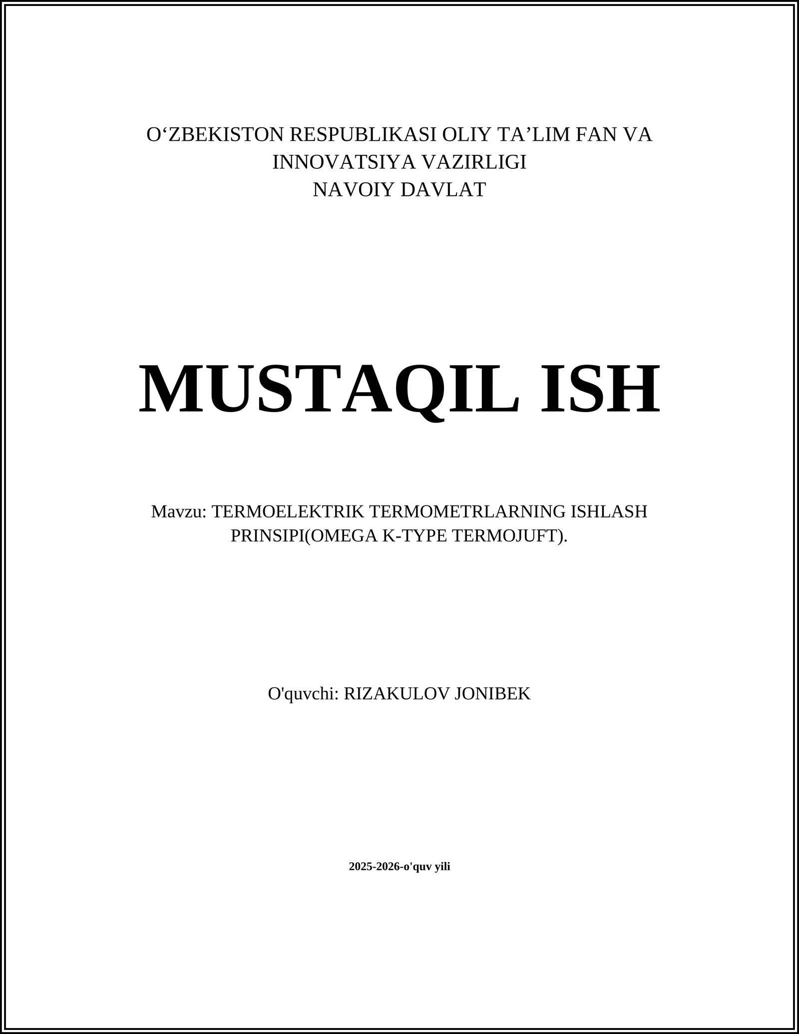 TERMOELEKTRIK TERMOMETRLARNING ISHLASH PRINSIPI(OMEGA K-TYPE TERMOJUFT)